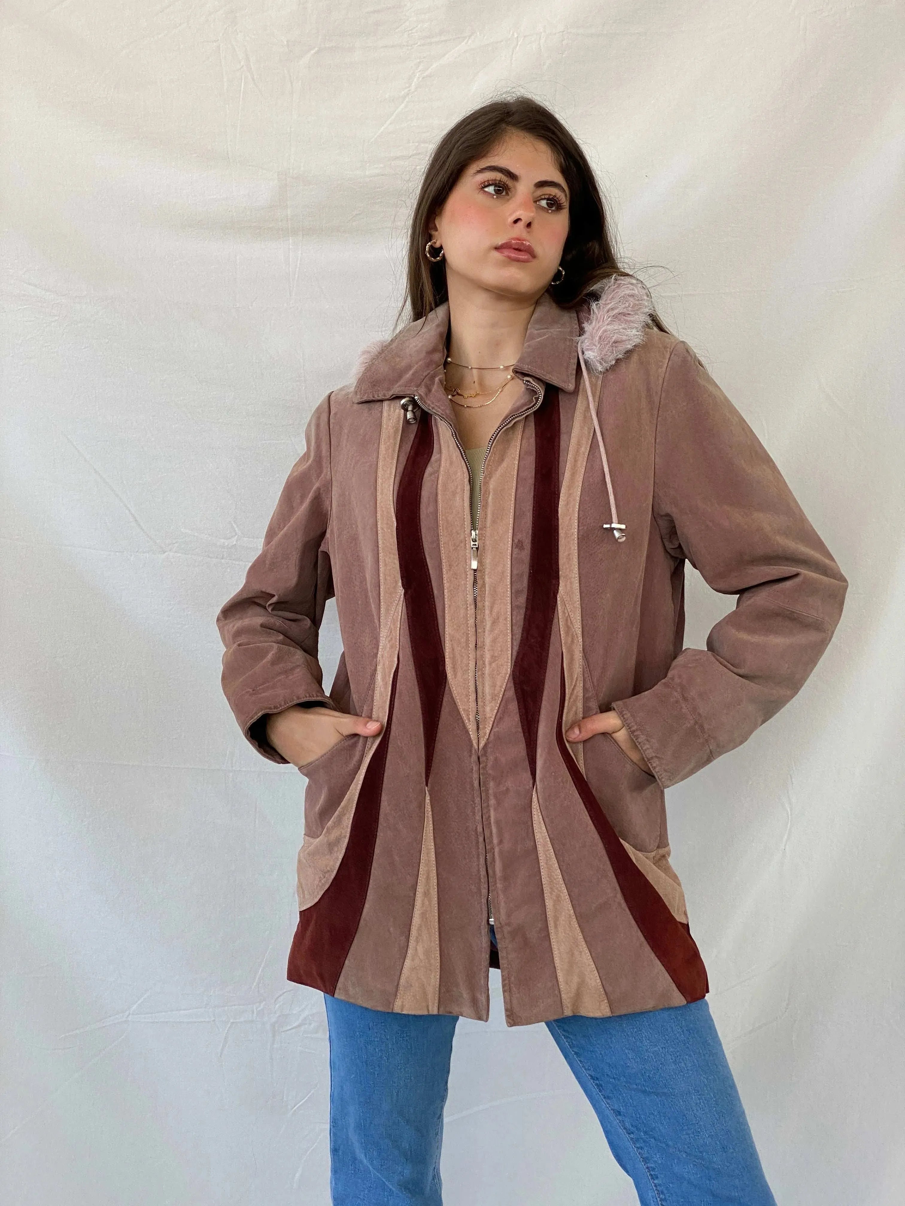 90s Genuine Pink Suede Heavy Zip Up Patched Coat - L - Balagan Vintage Coat 00s, coat, genuine leather, genuine leather coat, Mira, silk, vintage coat, winter