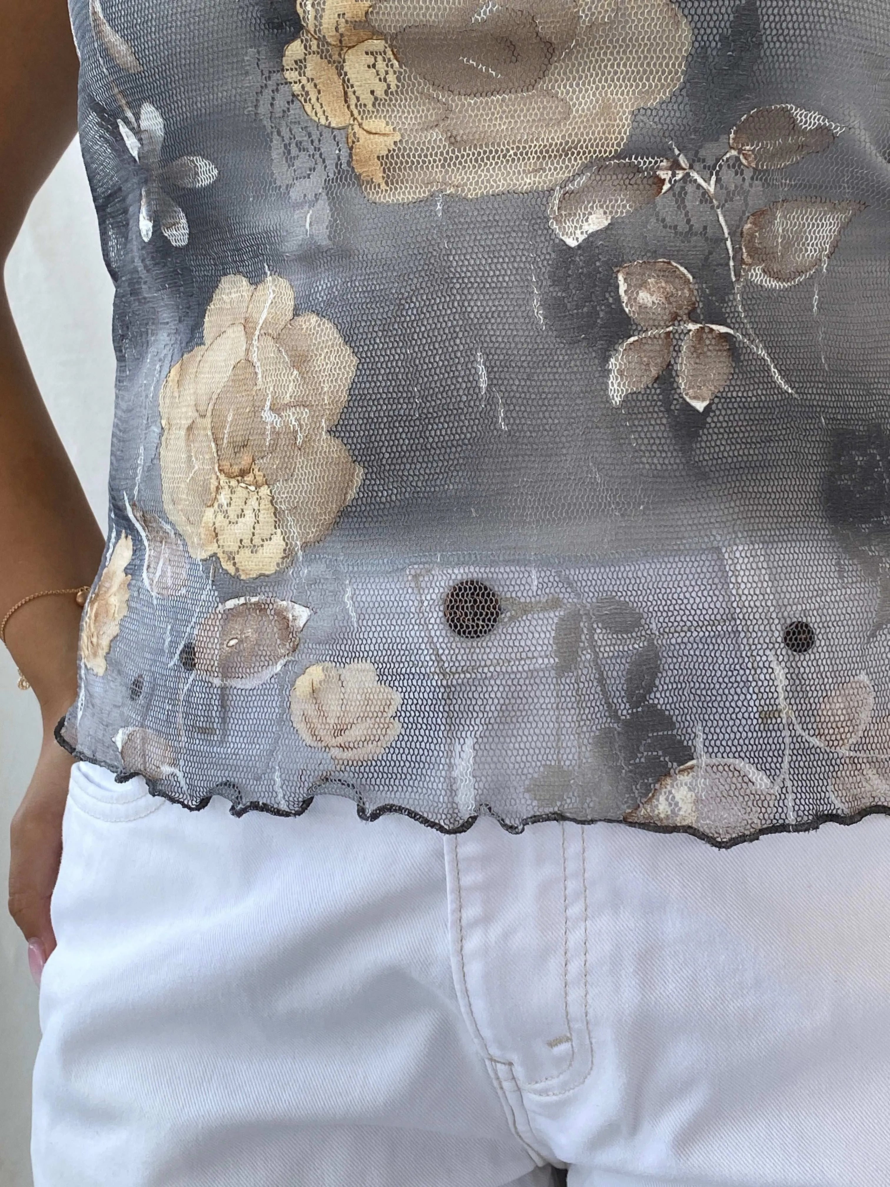 90s Josephine Gray Floral Layered Lace Cami - L - Balagan Vintage Cami 90s, Cami, Dina, floral, floral mesh, sleeveless top