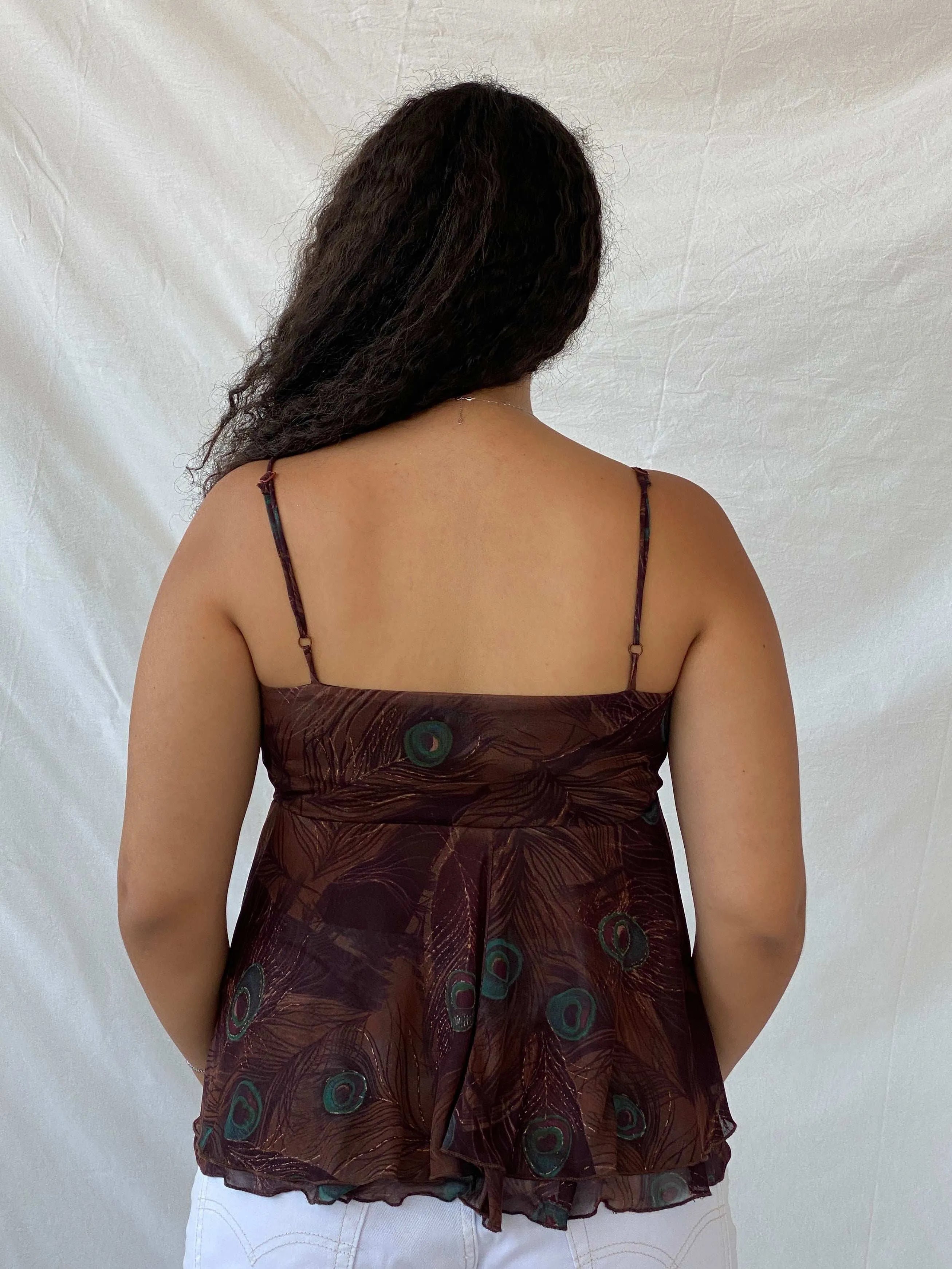 90s My Michelle Boho Peacock Print Brown Sheer Layered Cami - L - Balagan Vintage Cami 90s, animal print, Cami, Dina, sleeveless top