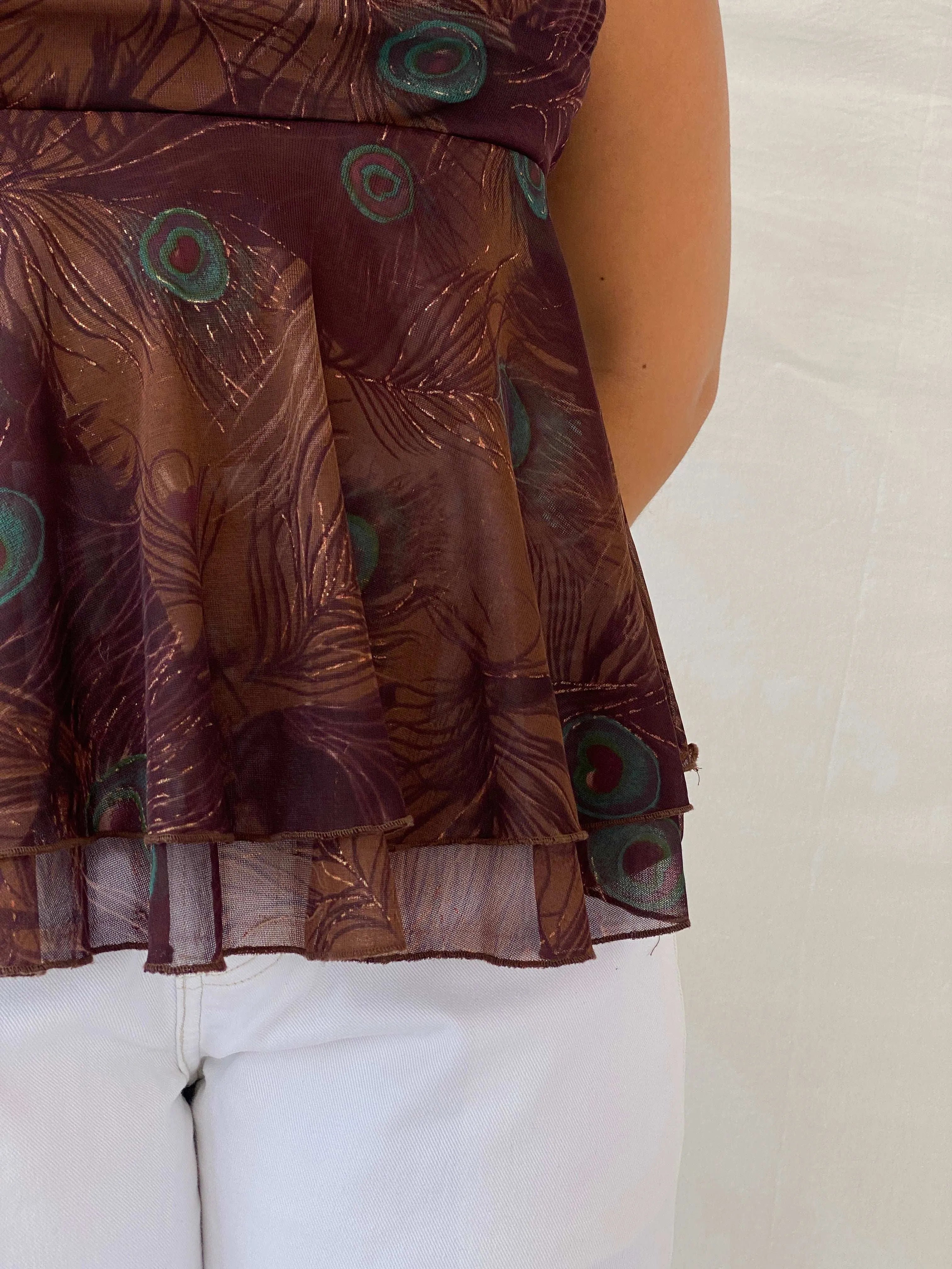 90s My Michelle Boho Peacock Print Brown Sheer Layered Cami - L - Balagan Vintage Cami 90s, animal print, Cami, Dina, sleeveless top