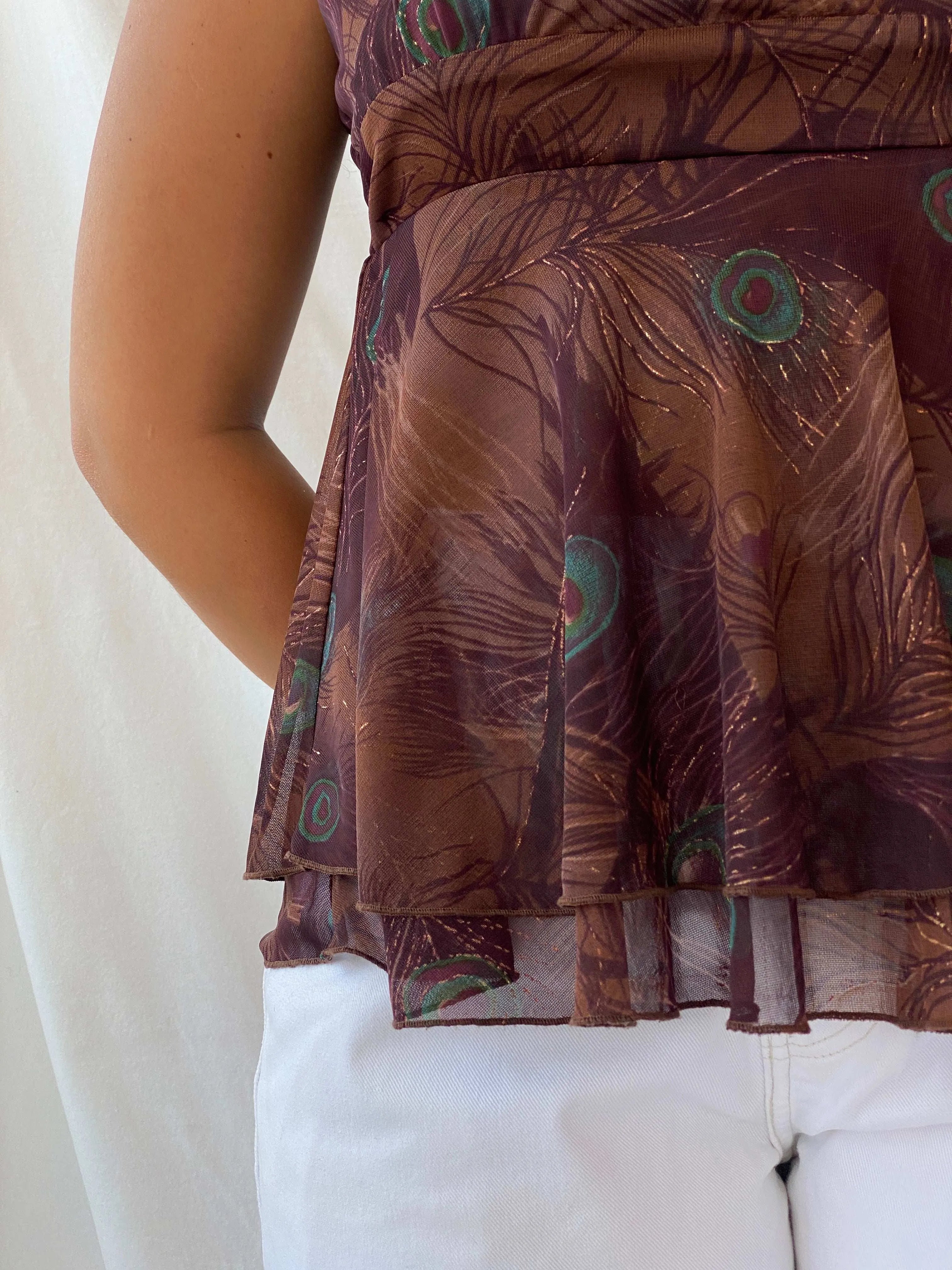 90s My Michelle Boho Peacock Print Brown Sheer Layered Cami - L - Balagan Vintage Cami 90s, animal print, Cami, Dina, sleeveless top