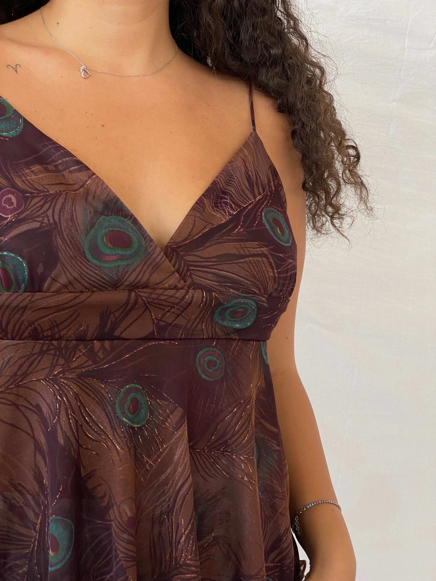 90s My Michelle Boho Peacock Print Brown Sheer Layered Cami - L - Balagan Vintage Cami 90s, animal print, Cami, Dina, sleeveless top