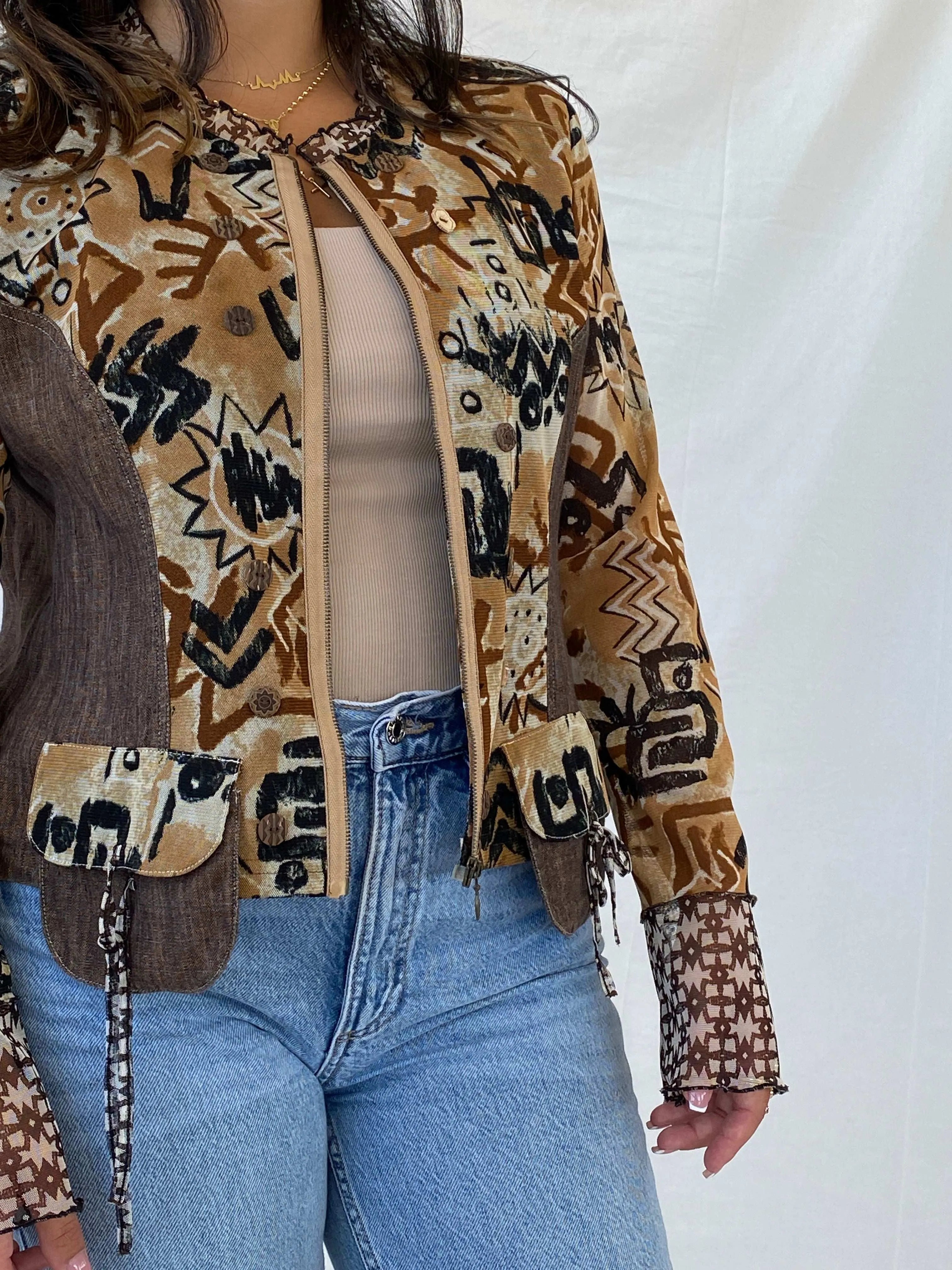 90s Pause Café Brown Boho Print Semi Mesh Zip Up Cardigan - XL - Balagan Vintage Cardigan 90s, Boho, cardigan, Deals, Lana, mesh, mesh top