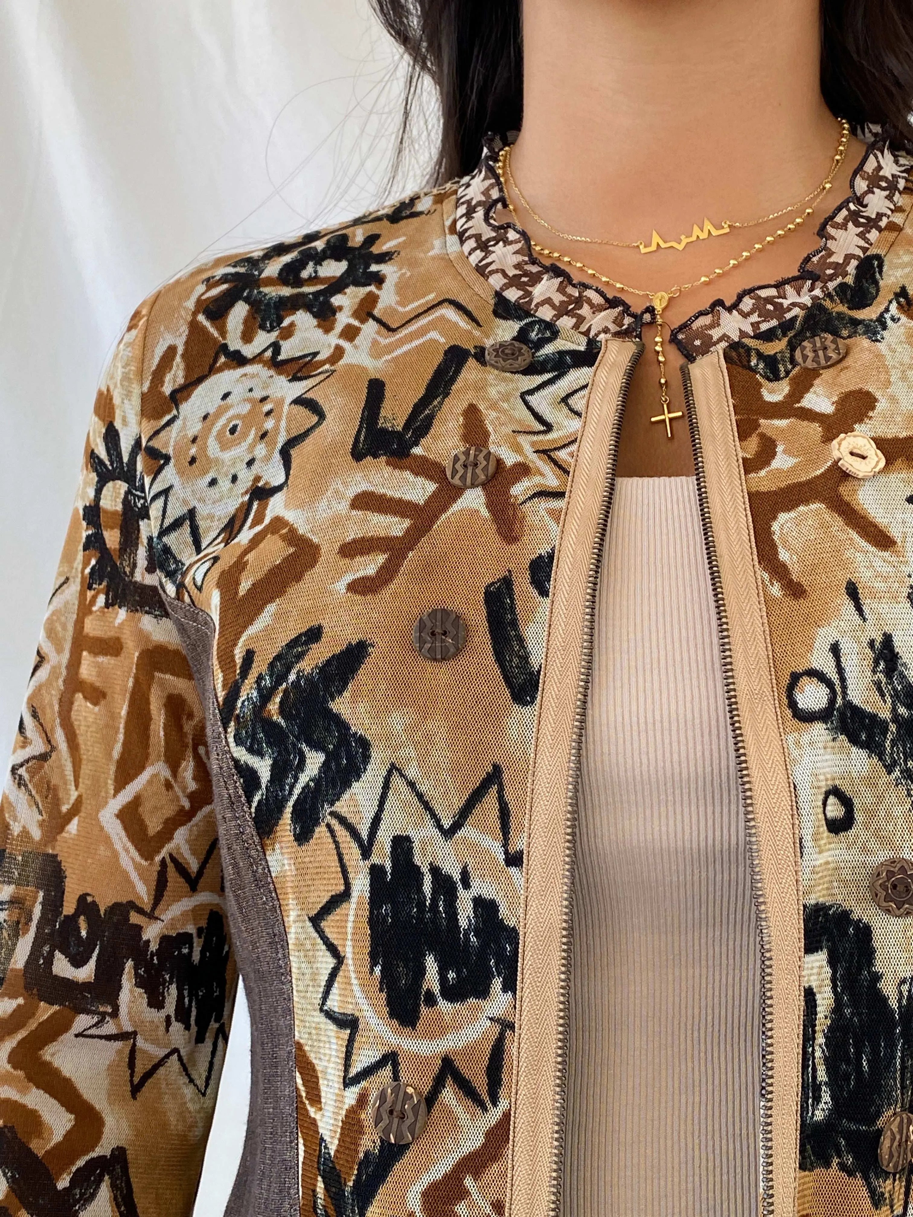 90s Pause Café Brown Boho Print Semi Mesh Zip Up Cardigan - XL - Balagan Vintage Cardigan 90s, Boho, cardigan, Deals, Lana, mesh, mesh top