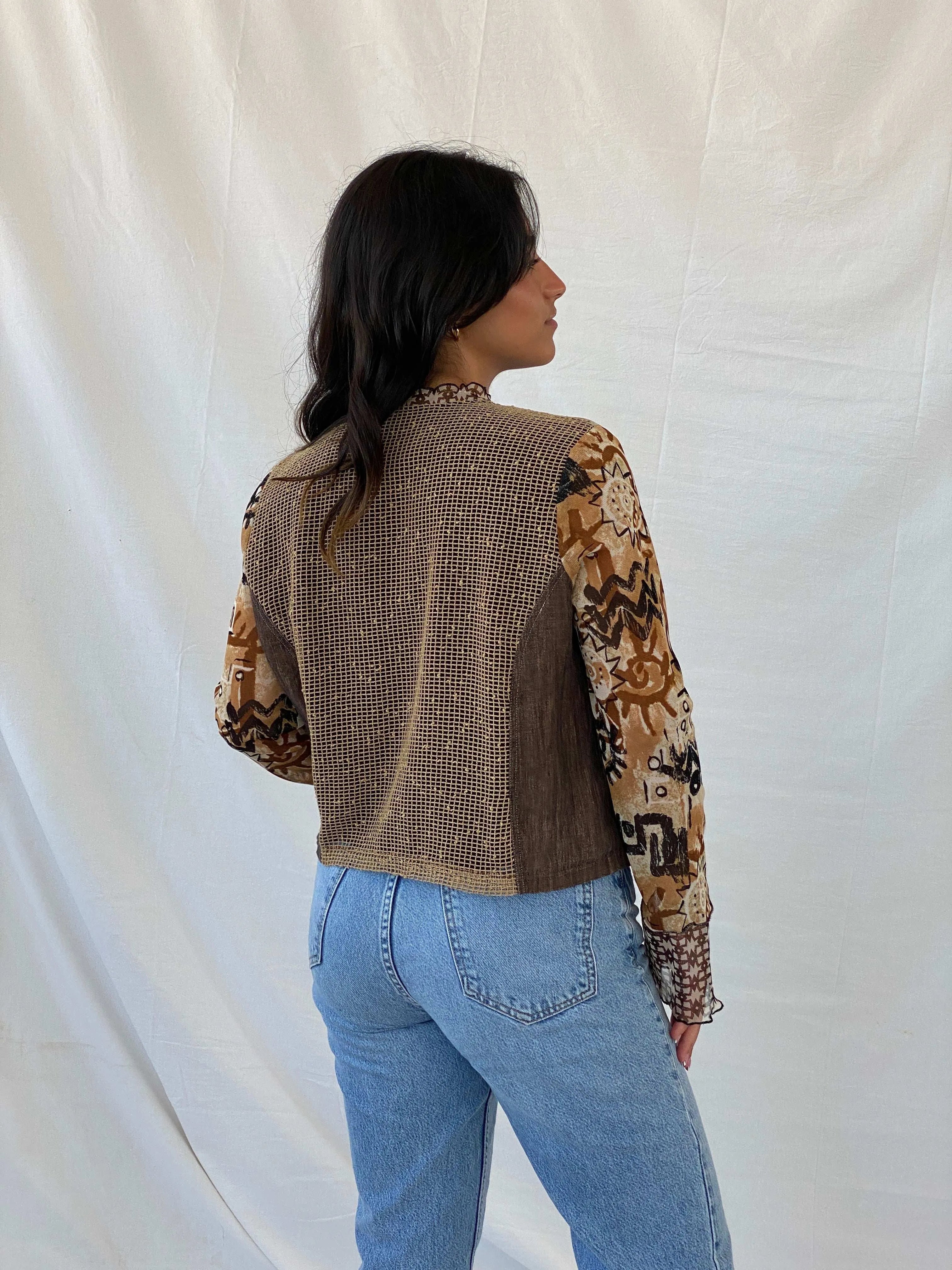 90s Pause Café Brown Boho Print Semi Mesh Zip Up Cardigan - XL - Balagan Vintage Cardigan 90s, Boho, cardigan, Deals, Lana, mesh, mesh top