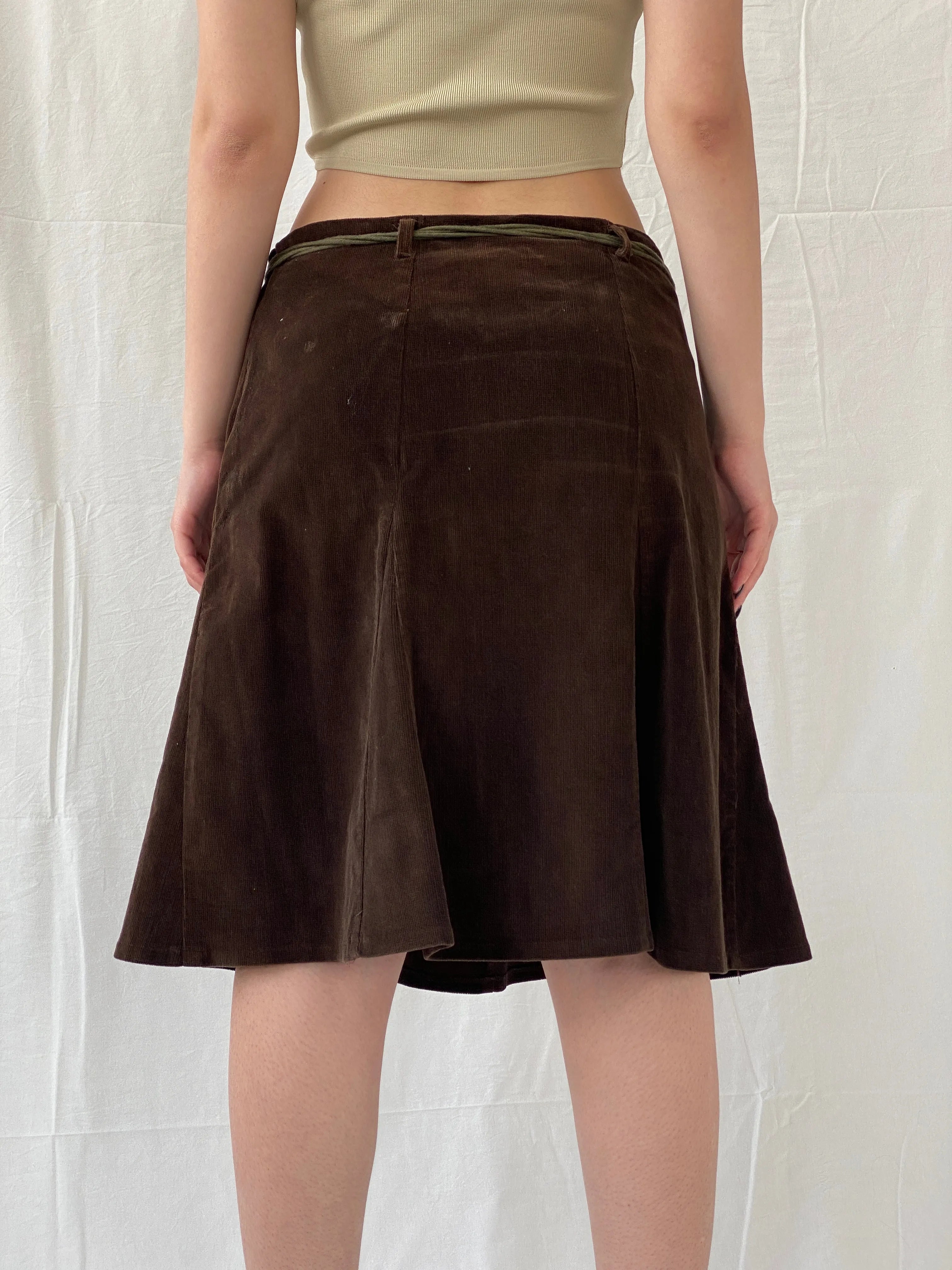 90s Pescara Brown Corduroy Midi Skirt with Rope Tie Belt - M - Balagan Vintage Midi Skirt Ayah, midi skirt, skirt, women skirt