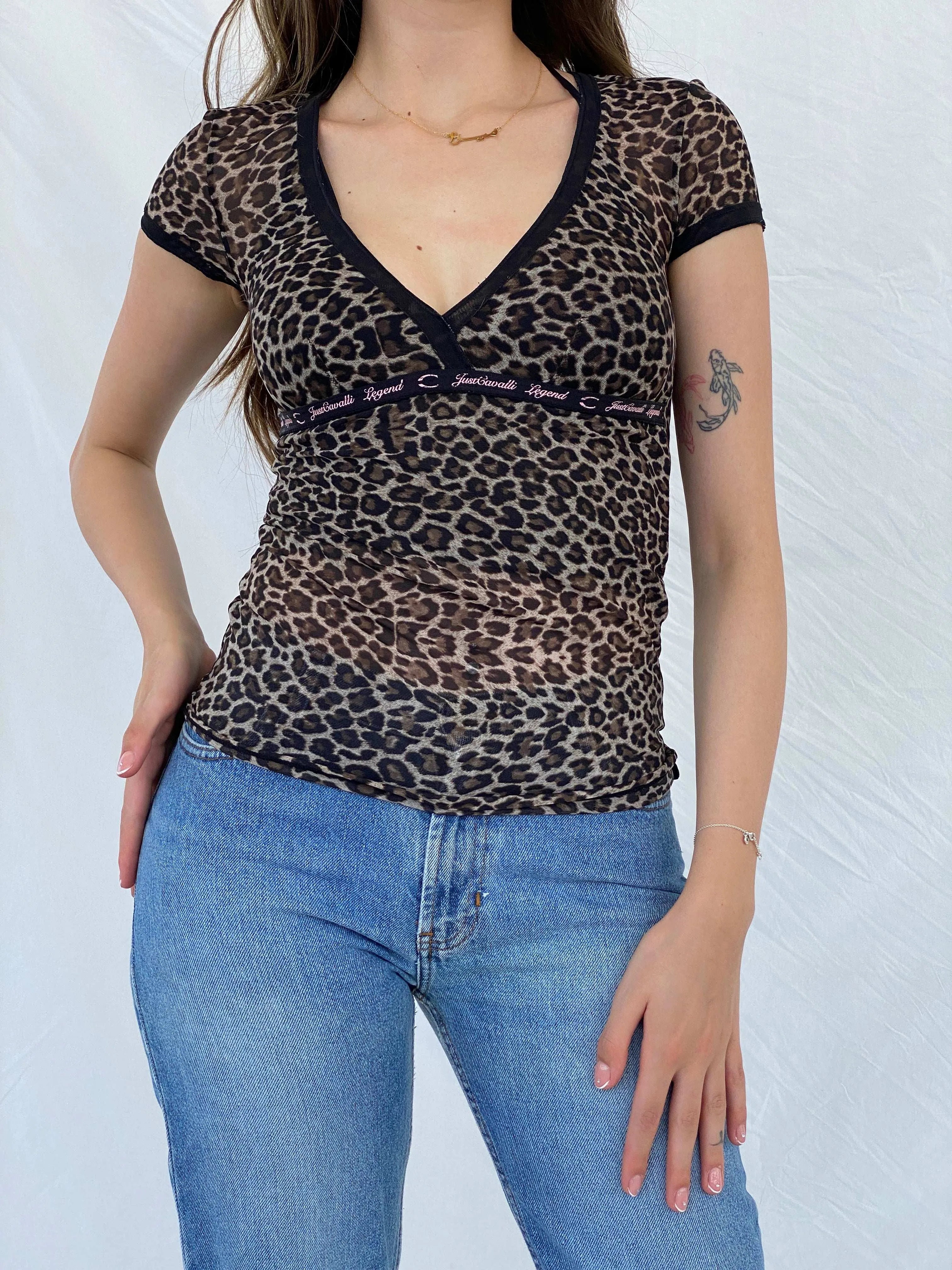 90s/00s Just Cavalli Legend Underwear Sheer Top - S - Balagan Vintage Half Sleeve Top 00s, 90s, animal print, Mira, rare vintage, sheer