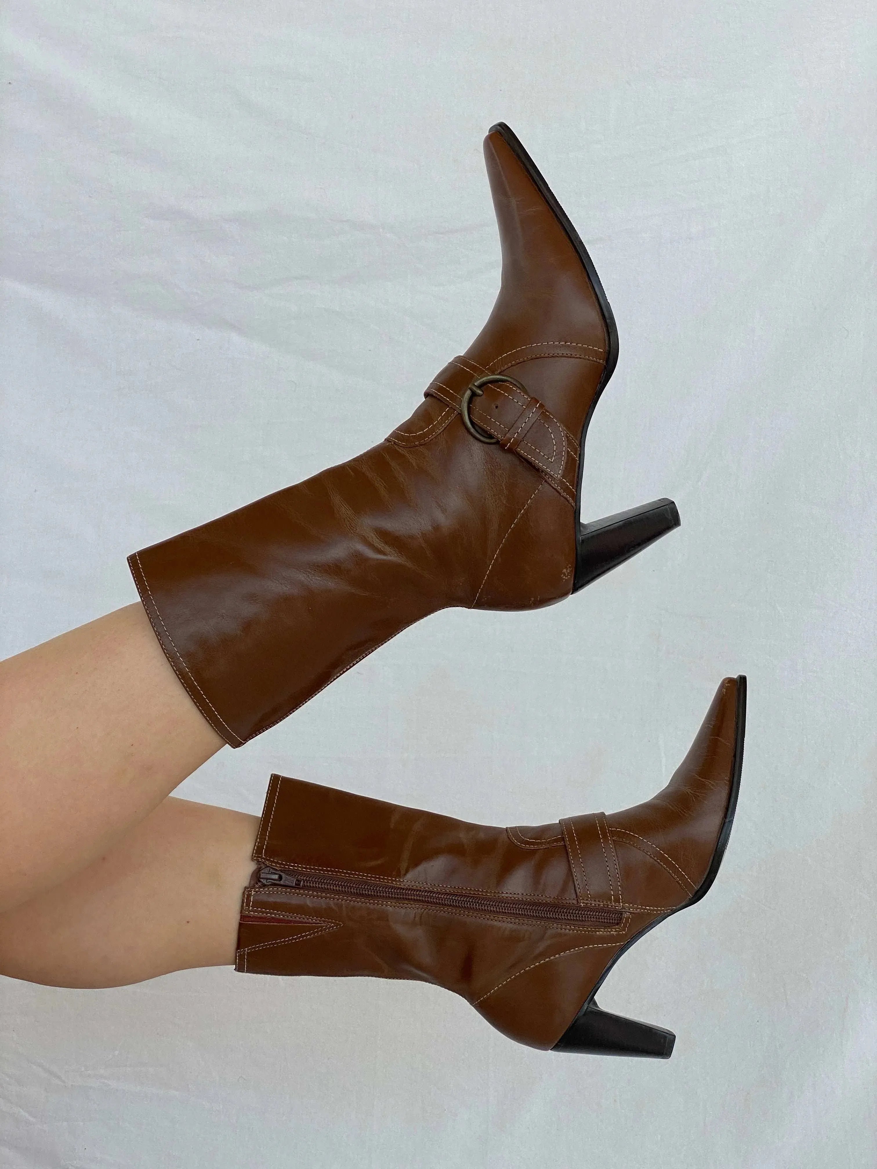 90s/Y2K Parade Genuine Leather Elongated Square Toe Ankle Boots - Balagan Vintage Boots 00s, 90s, Boots, cowboy boots