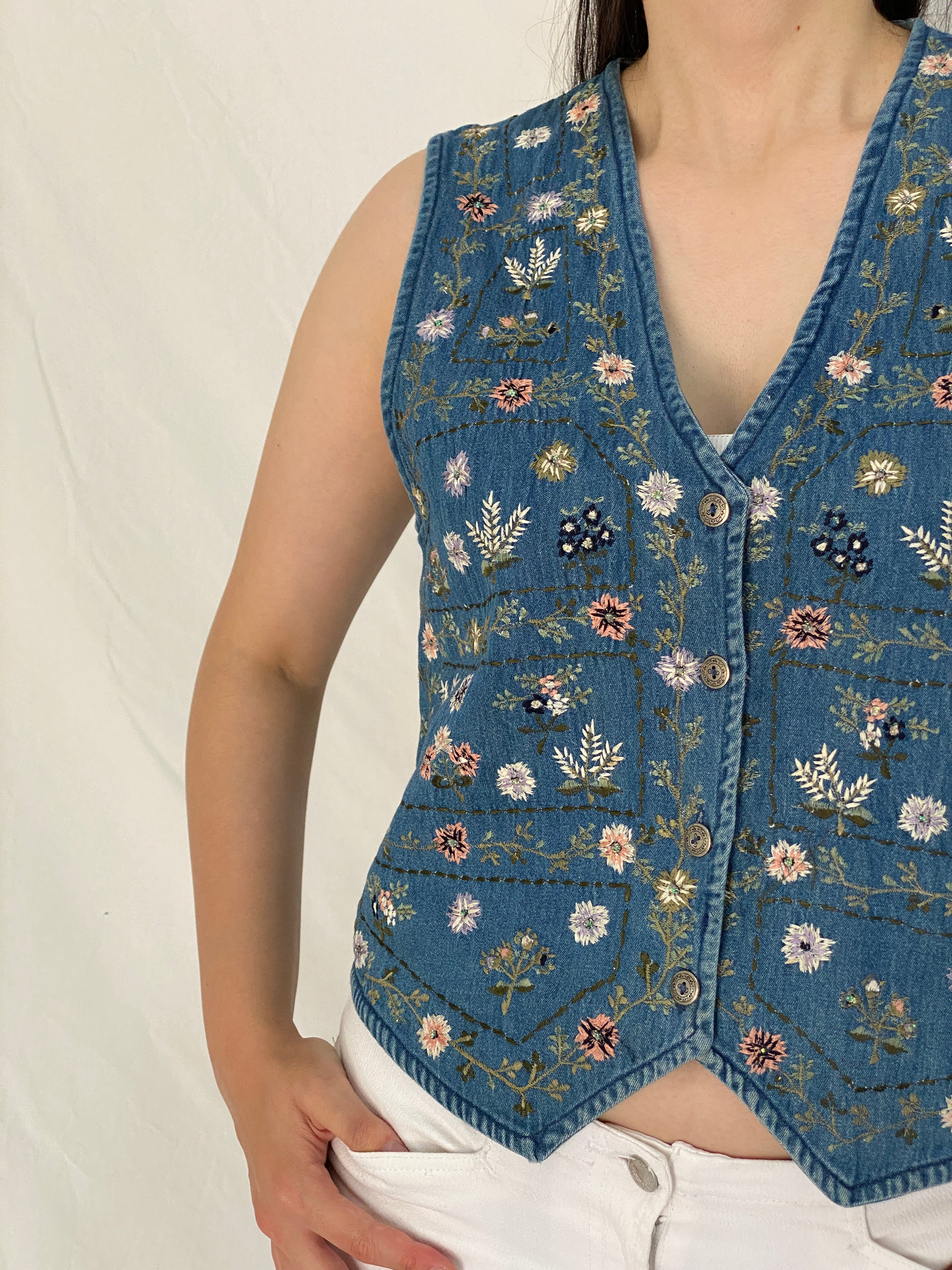 Vintage 90s New Directions Floral Embroidered Beaded Denim Vest – S