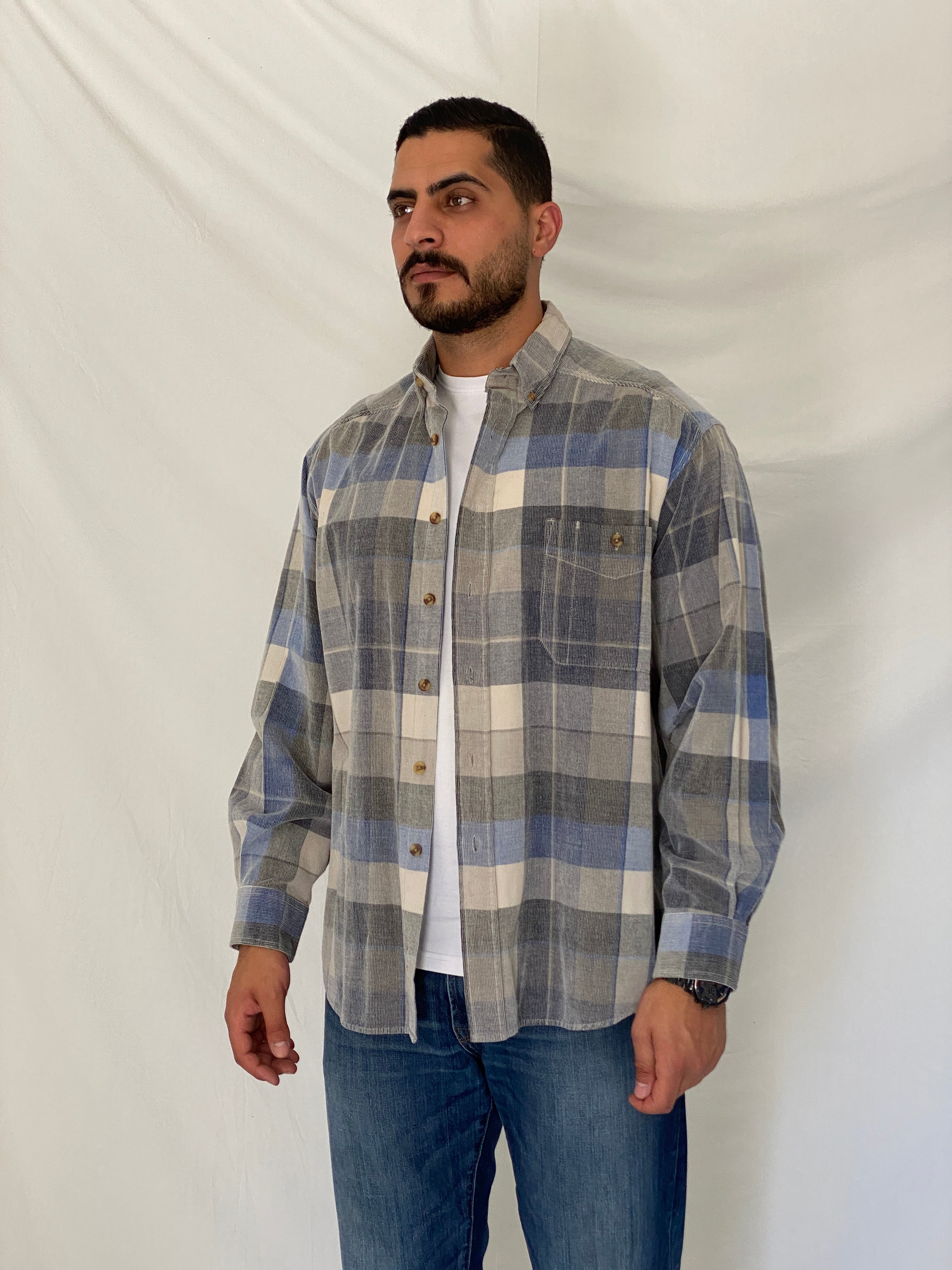 Vintage Basic Options Blue & Gray Plaid Corduroy Cotton Men’s Shirt - L