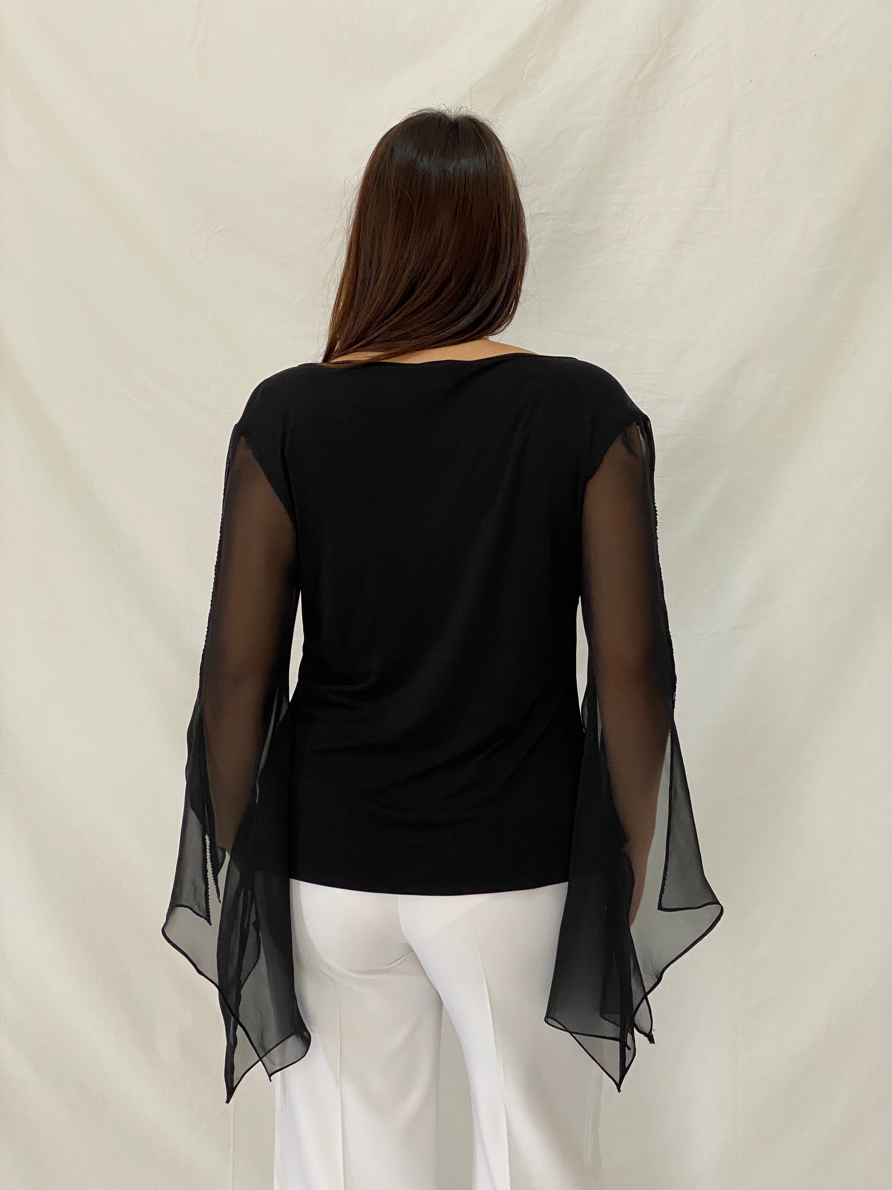 Vintage DORCA Black Sheer Beaded Bell Sleeve Top Blouse - L