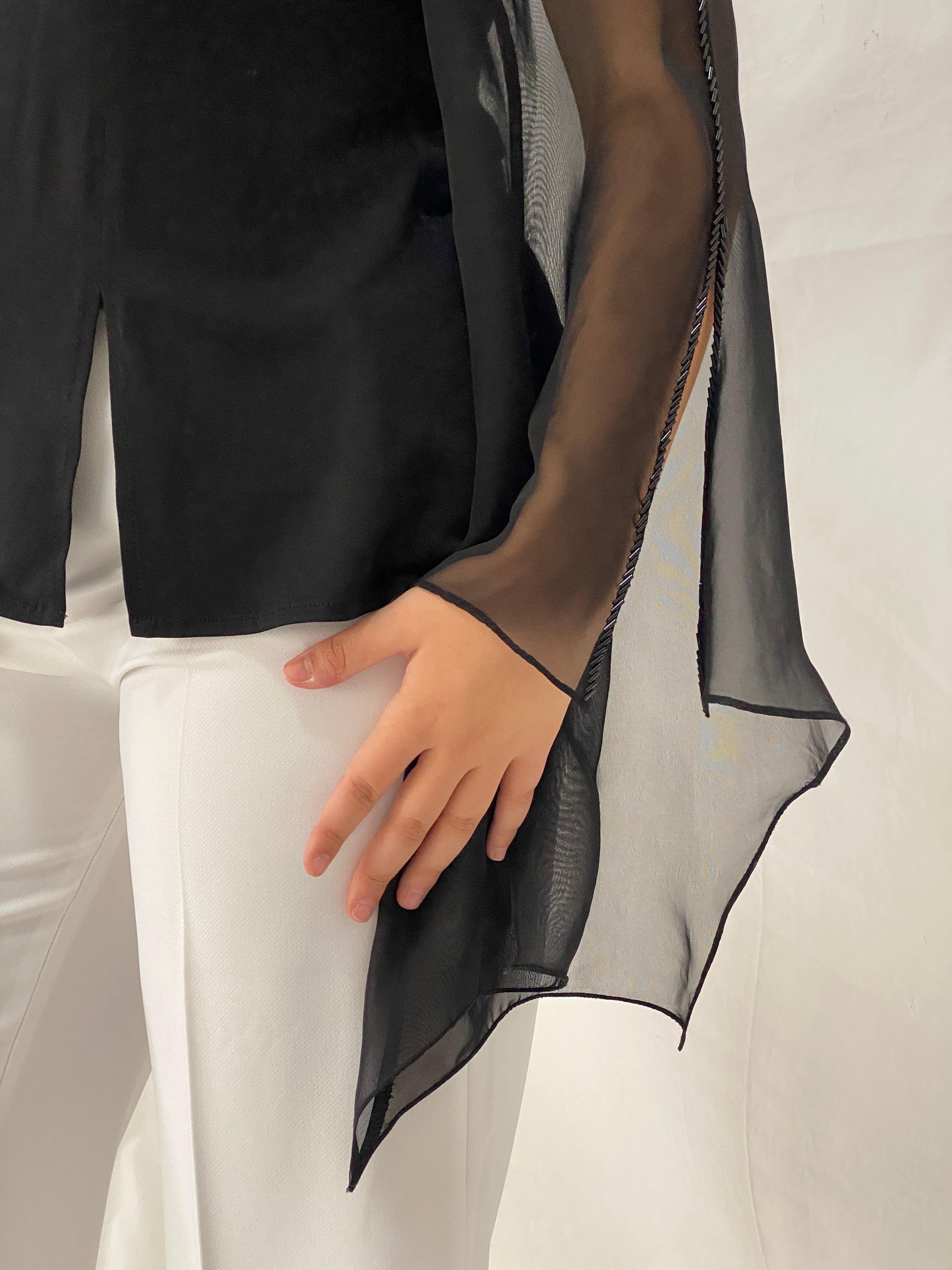 Vintage DORCA Black Sheer Beaded Bell Sleeve Top Blouse - L