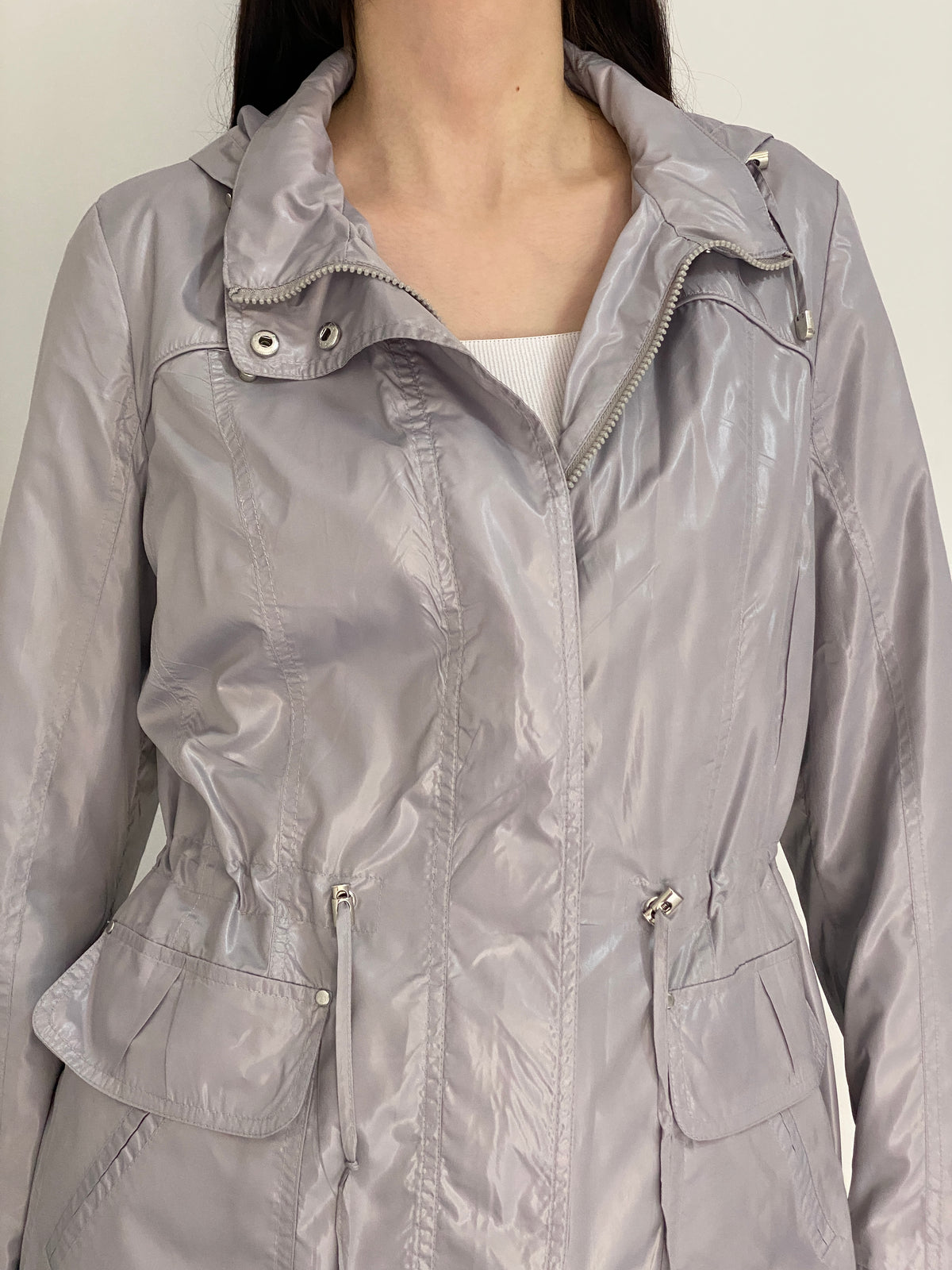 The Outerwear by C&A Metallic Silver Grey Hooded Utility Parka Jacket – L