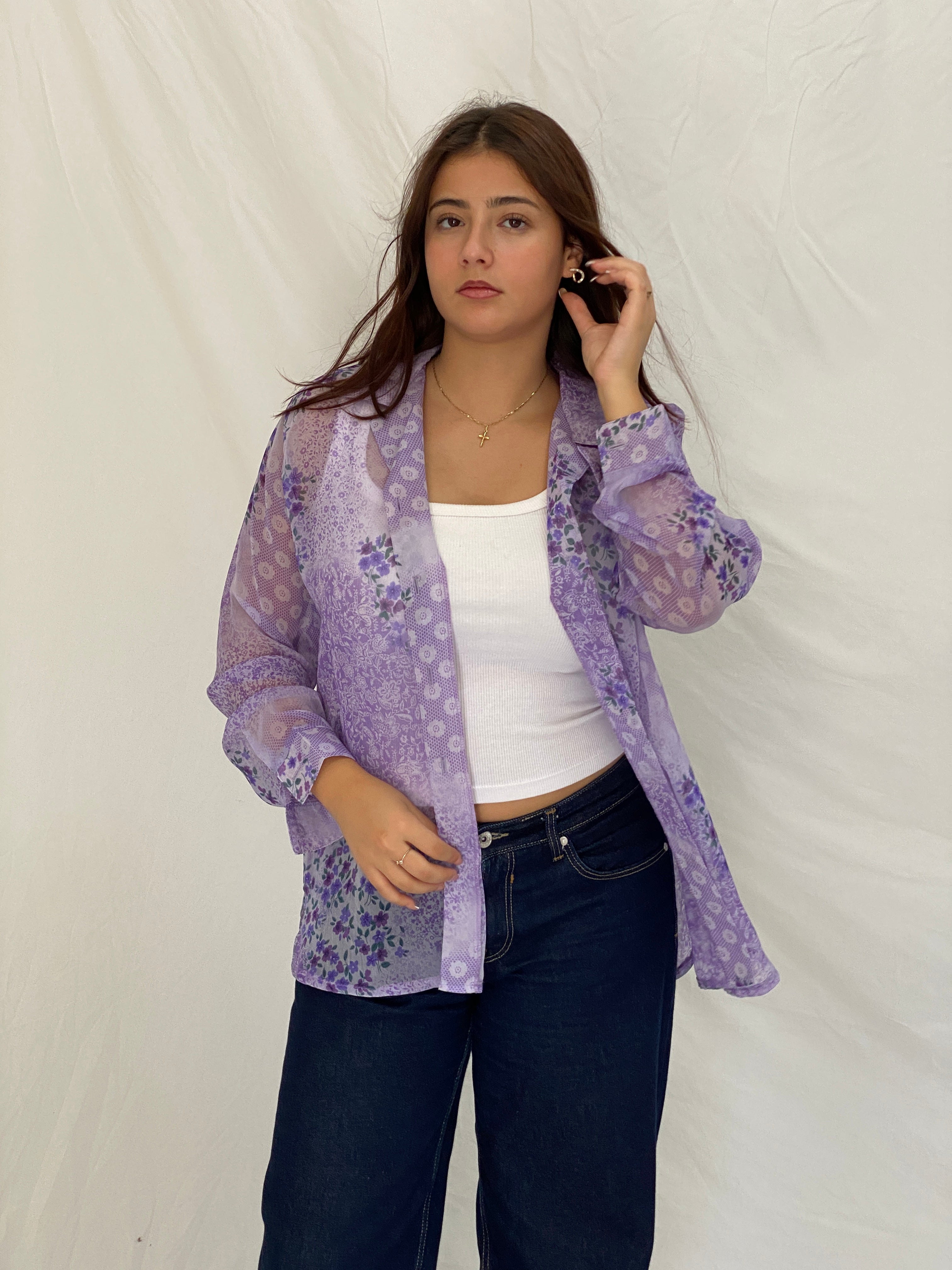 Vintage 90s Lighthouse Point Purple Sheer Floral Button-Up Blouse - L