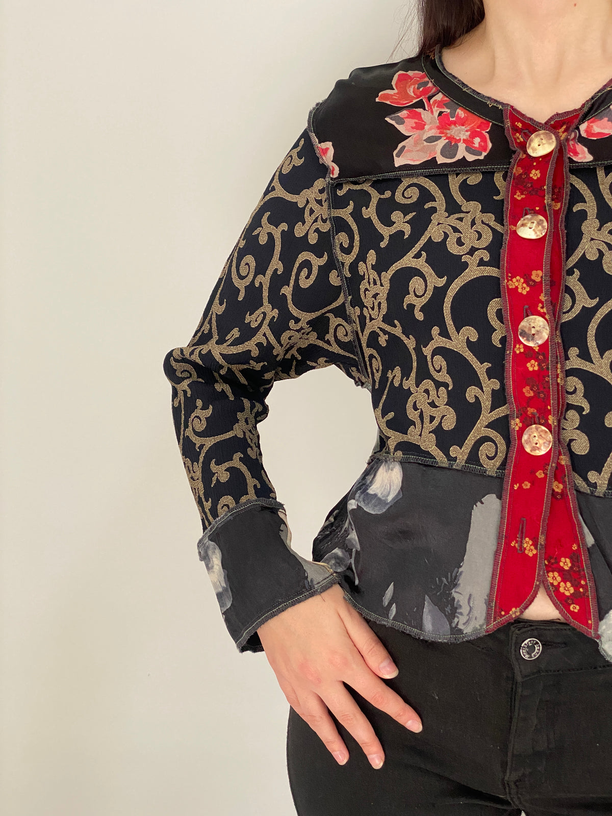 Vintage Nothing Matches Black Mixed Print Patchwork Cardigan – M