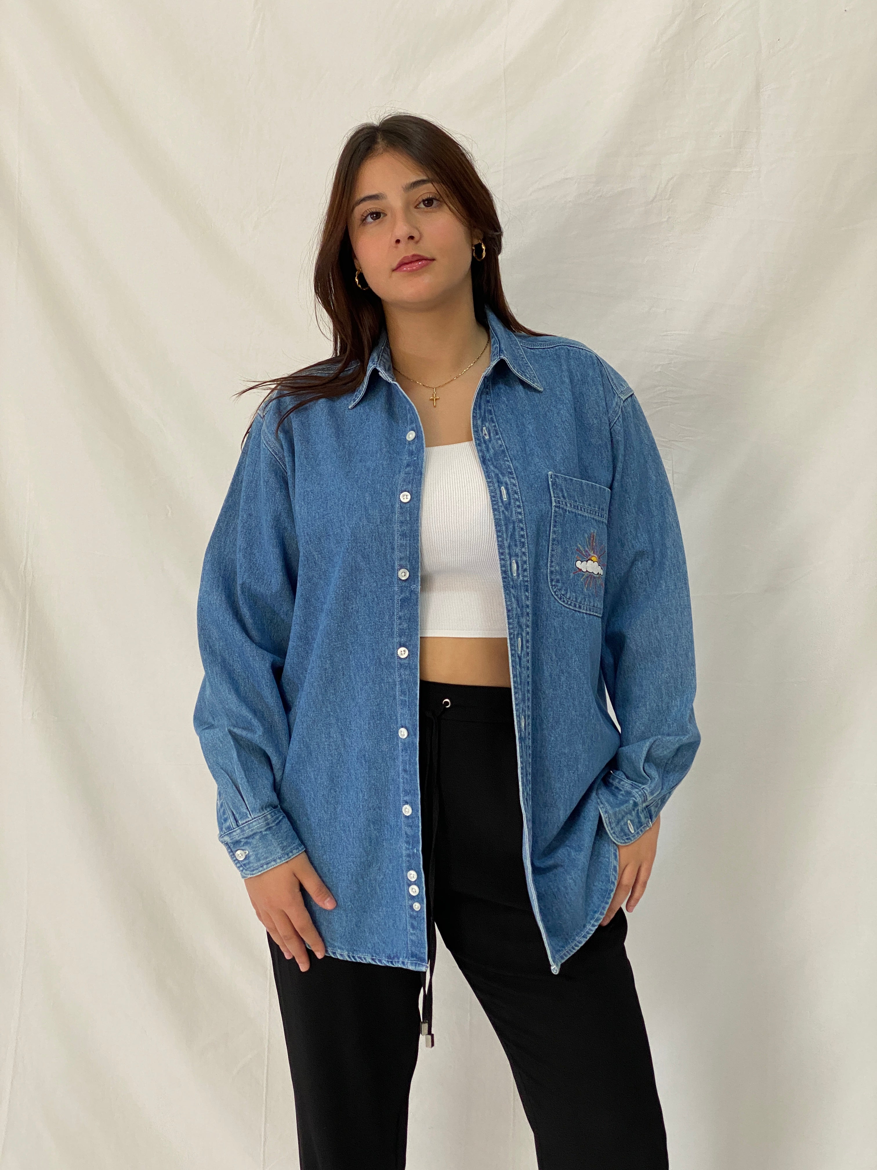 Vintage Disney Store Oversized Denim Shirt Embroidered Sun Cloud Patch Button Up Shirt - S