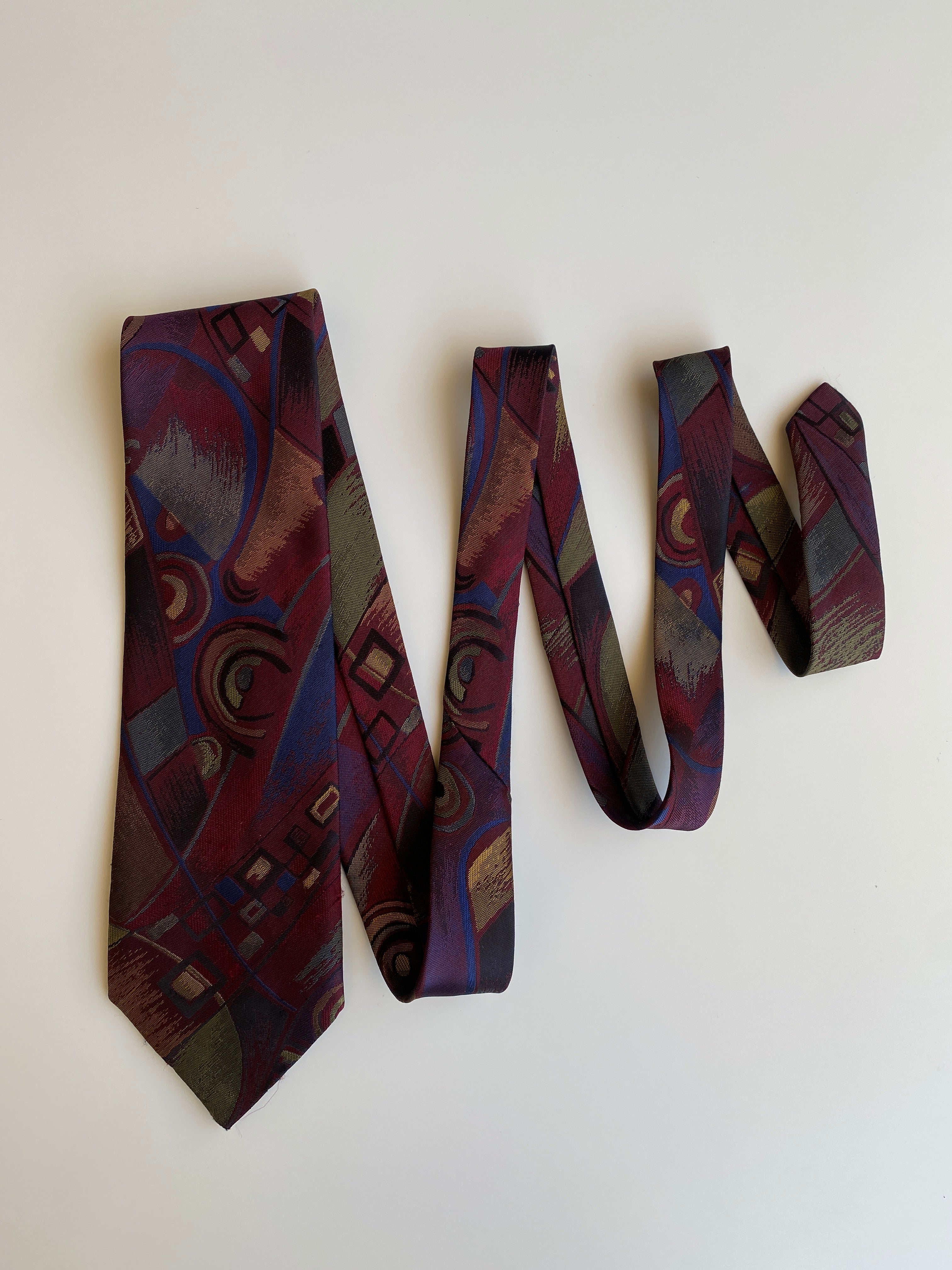 Vintage 1990s Burgundy Purple Abstract Geometric Wide Necktie