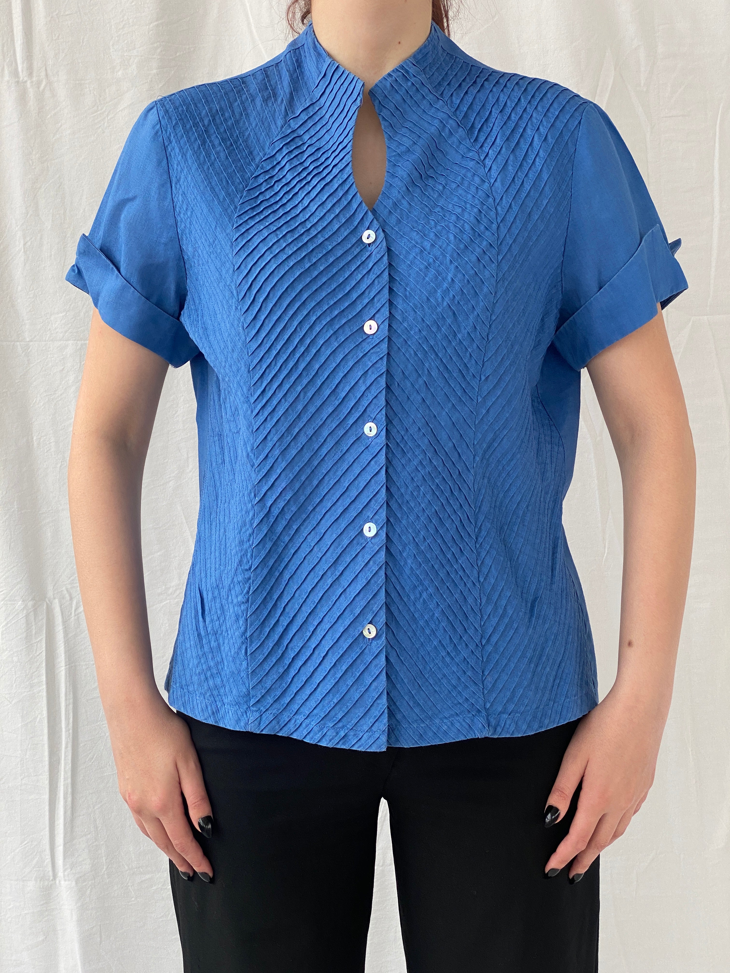 Beautiful Appraisal Blue Ramie Women’s Short Sleeve Buttoned Structured Shirt - L