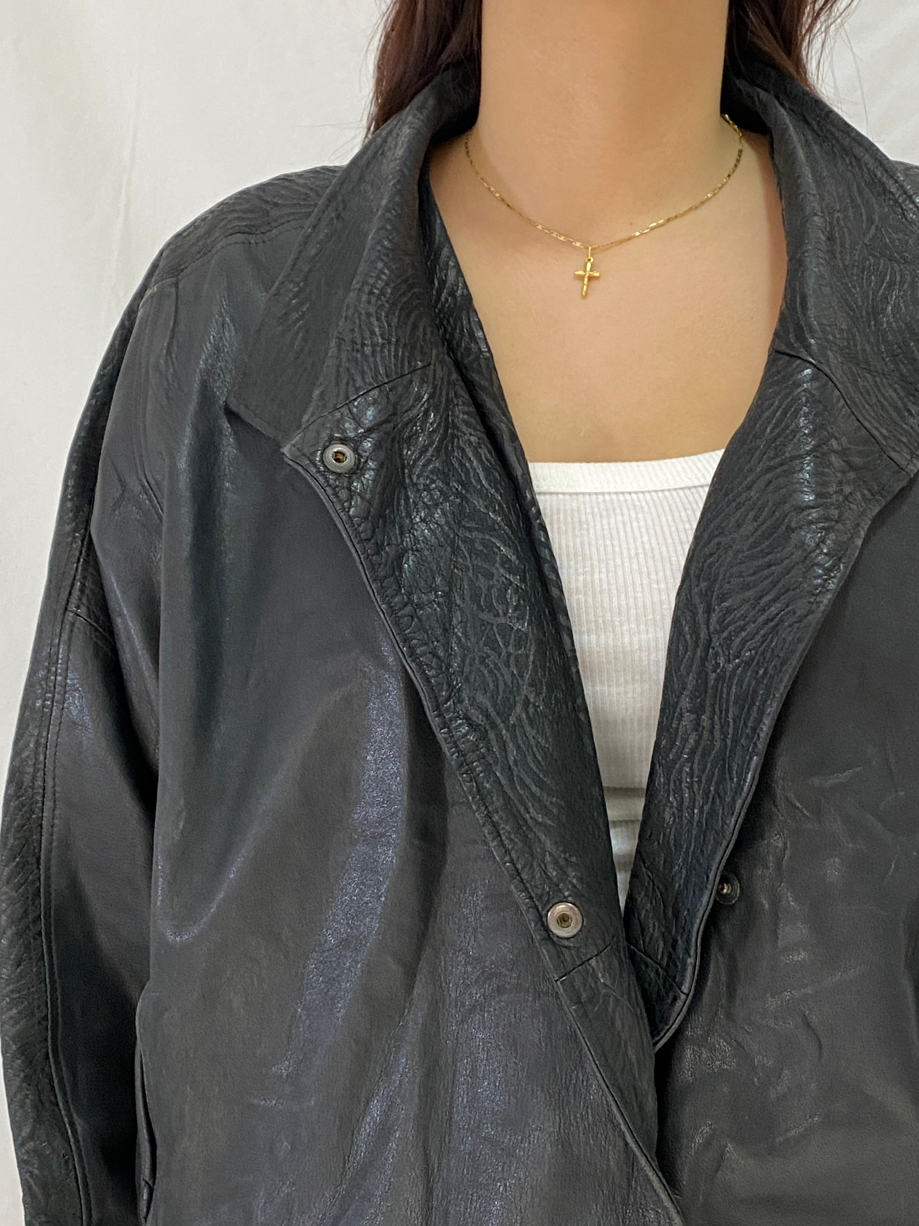 Vintage CAMPOY Black Genuine Leather Jacket Oversized Relaxed Fit Leather Coat - M