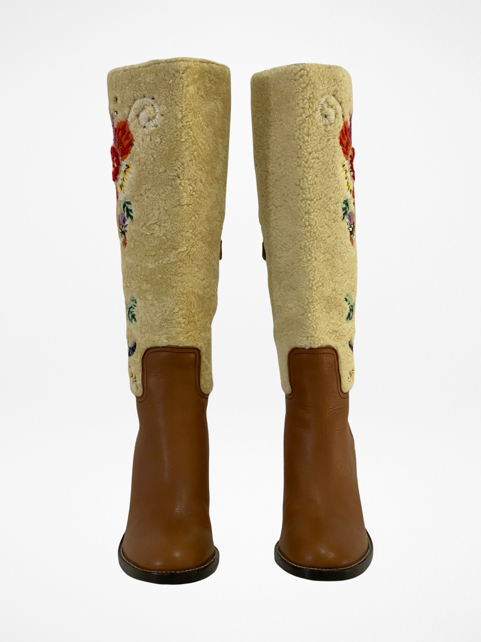 Vintage Miu Miu Brown Leather & Shearling Embroidered Knee-High Boots Block Heel - EU 38.5