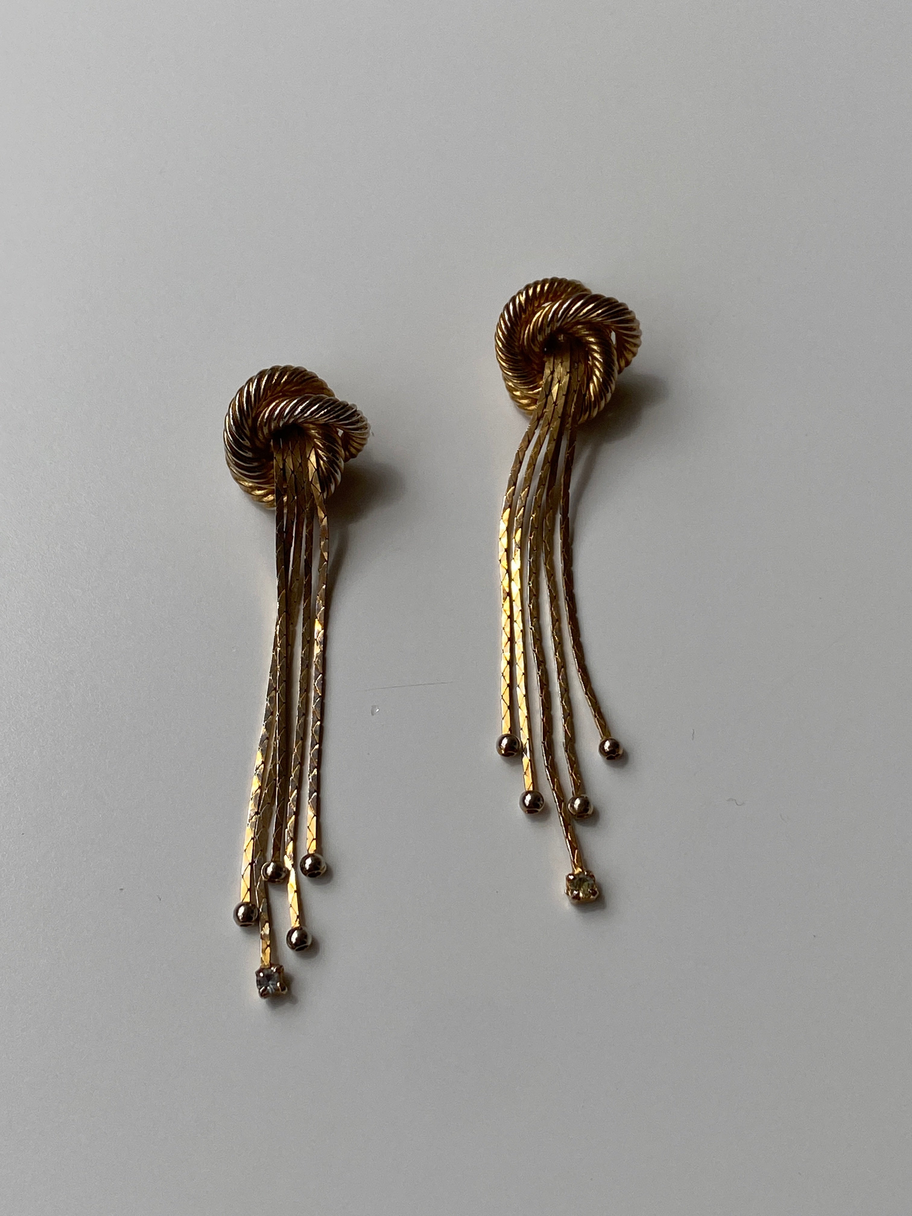 Vintage Gold Plated Rope Knot Fringe Drop Earrings with Crystal Detail