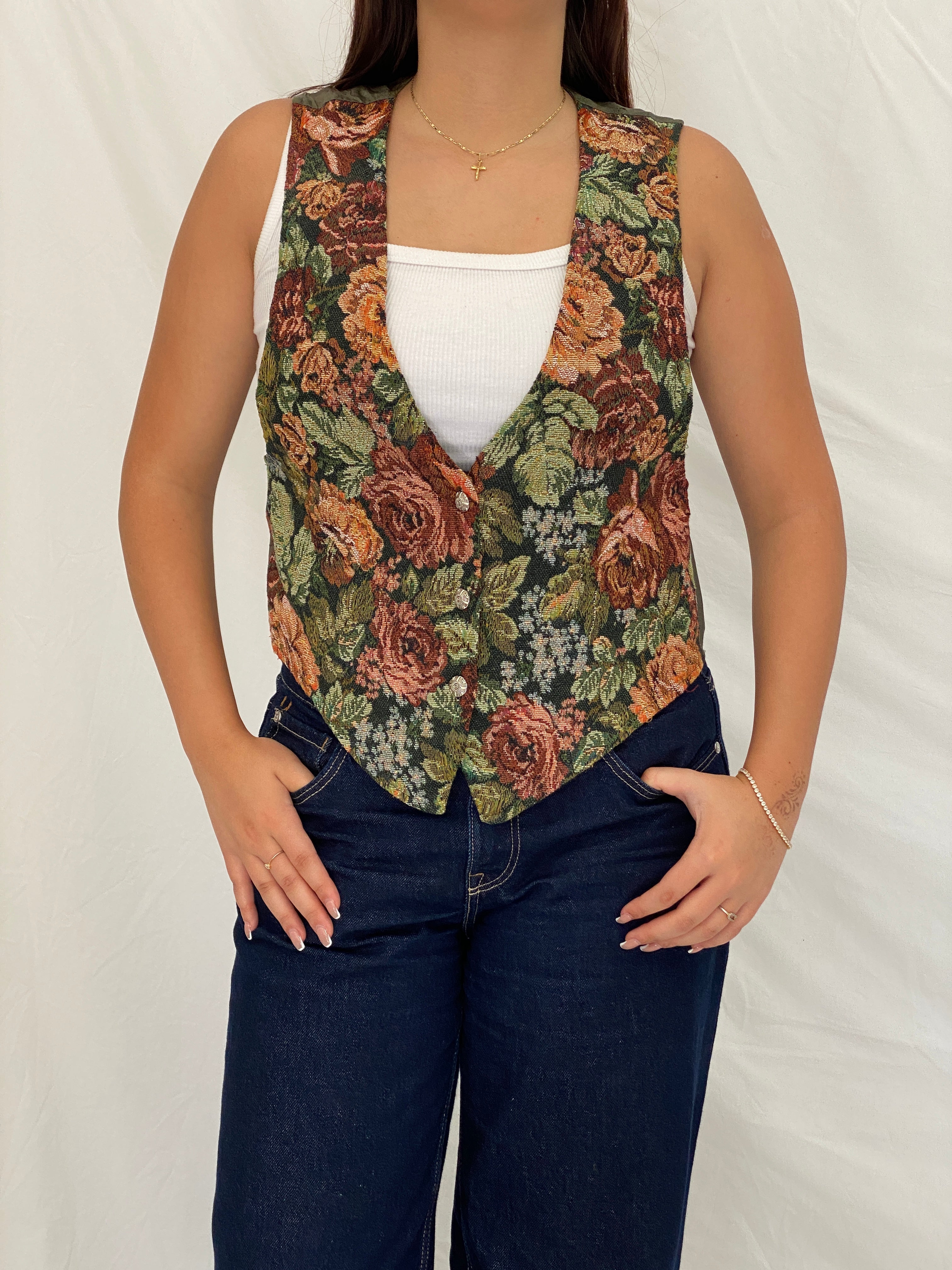 Vintage 90s Floral Tapestry Vest Green Rose Gobelin Waistcoat – L