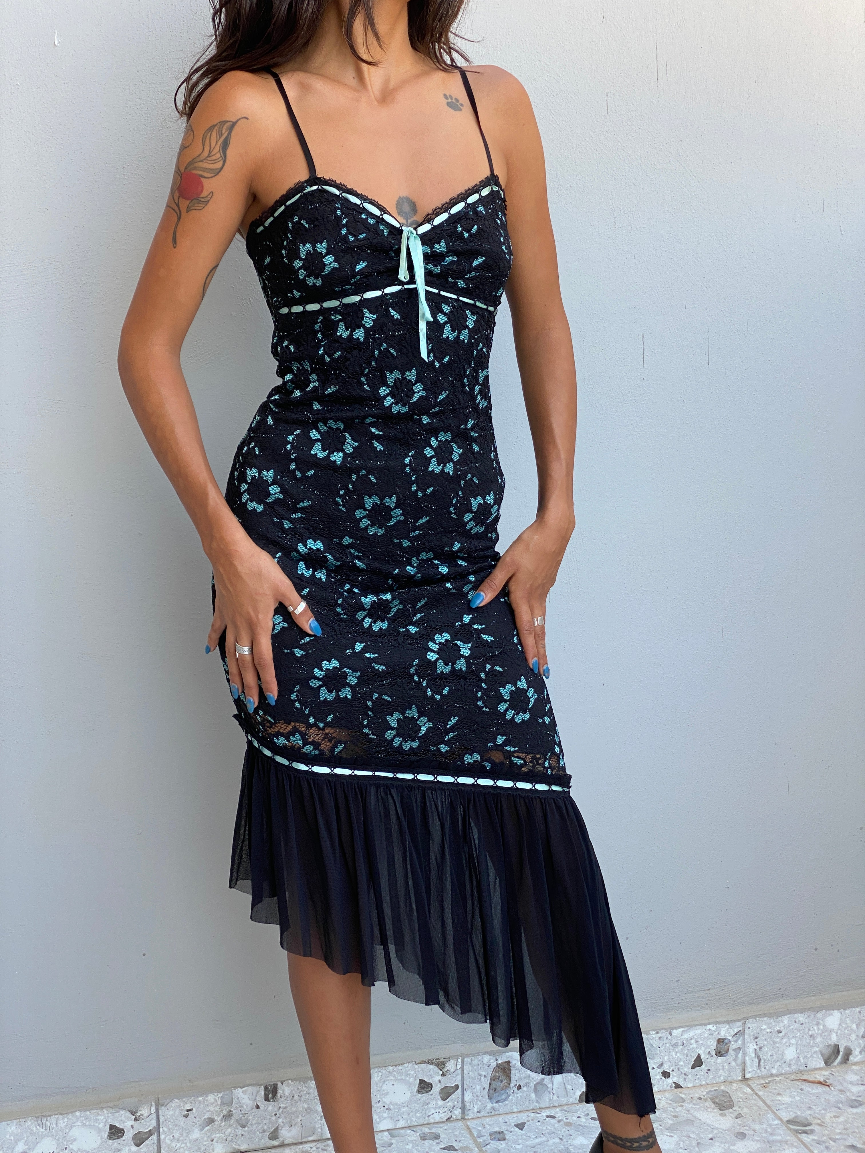 Vintage Y2K Cécilia Paris Black Lace & Aqua Floral Asymmetric Midi Dress - XS