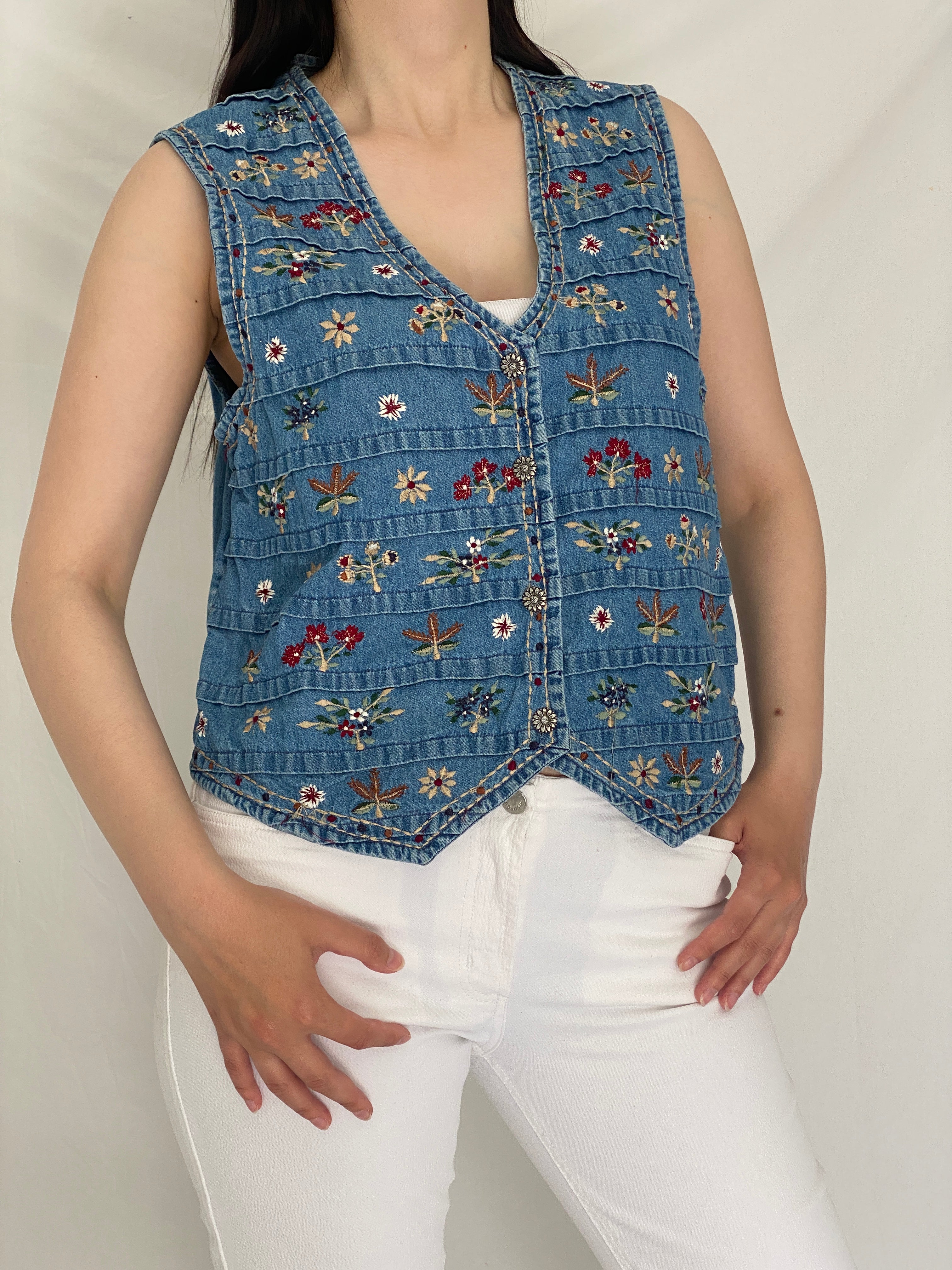 Vintage New Directions Boho Floral Embroidered Denim Vest - L