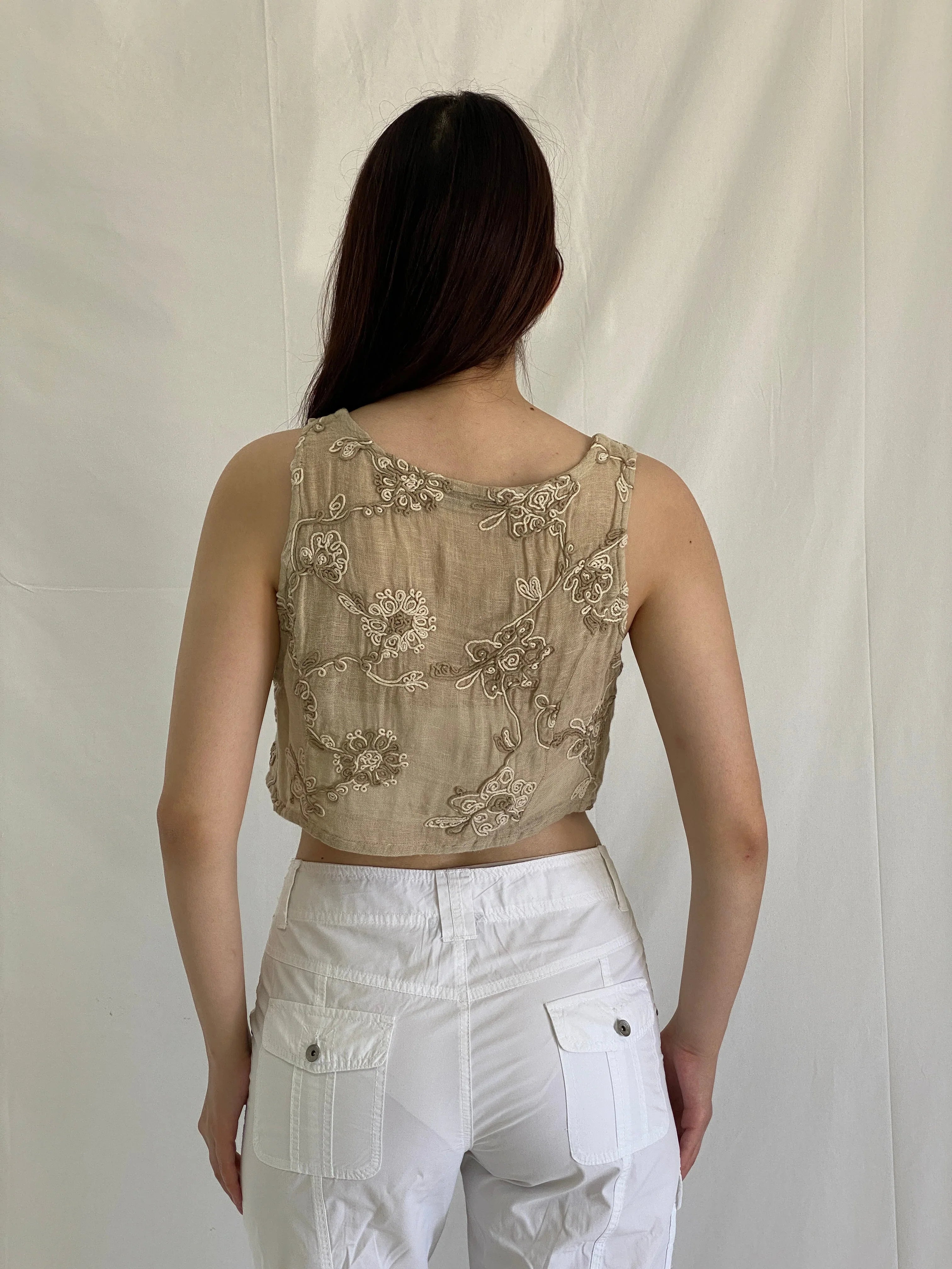Hucke Berlin Linen Cropped Vest Embroidered Button Front Beige Sleeveless Top - M
