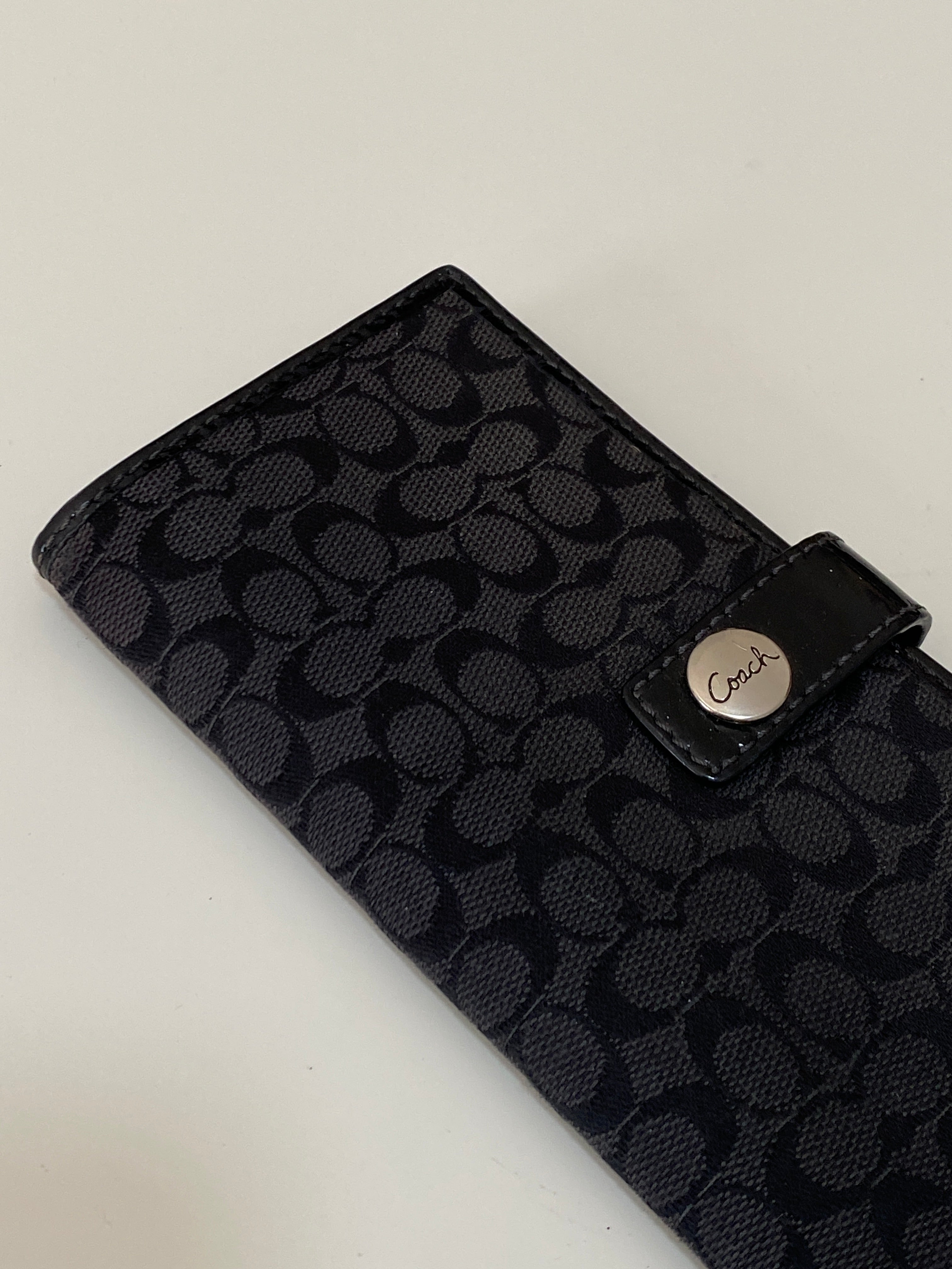 Coach Black Signature C Canvas Long Wallet with Leather Trim