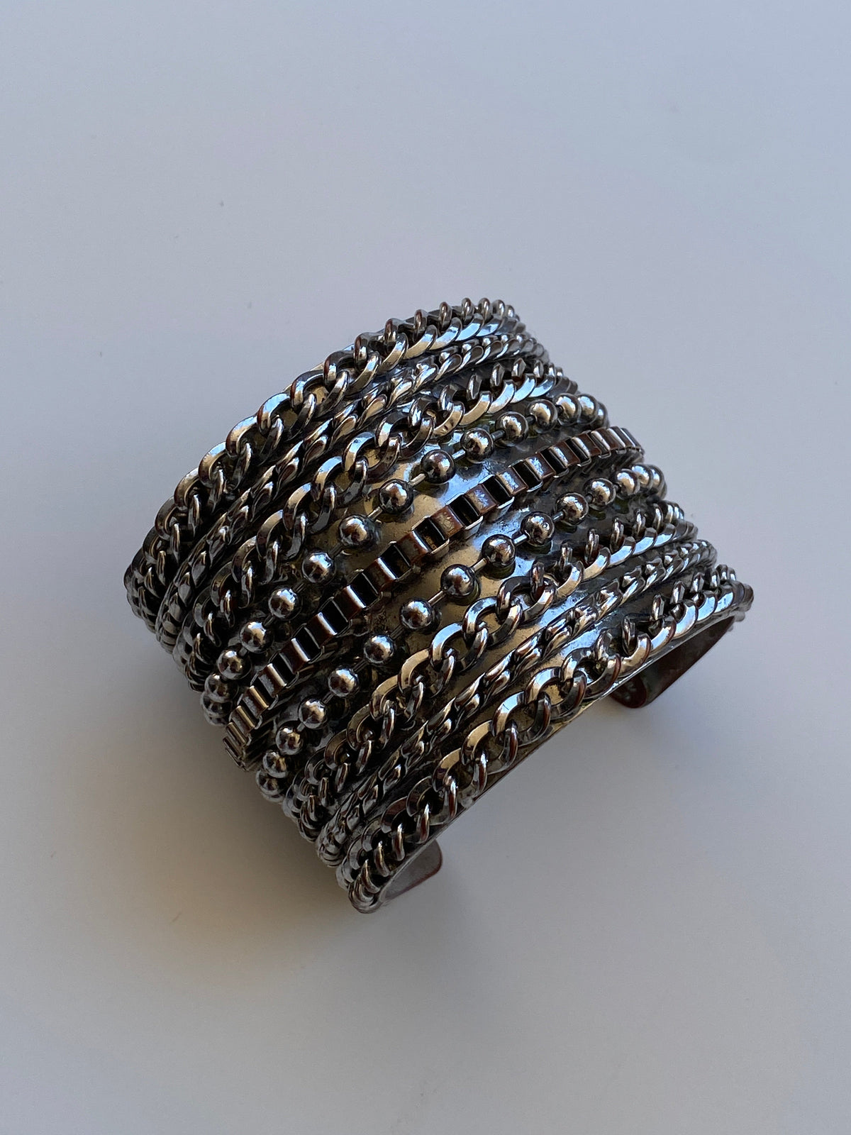 Vintage 90s/Y2K Cookie Lee Silver-Tone Mixed Chain Wide Statement Cuff Bracelet