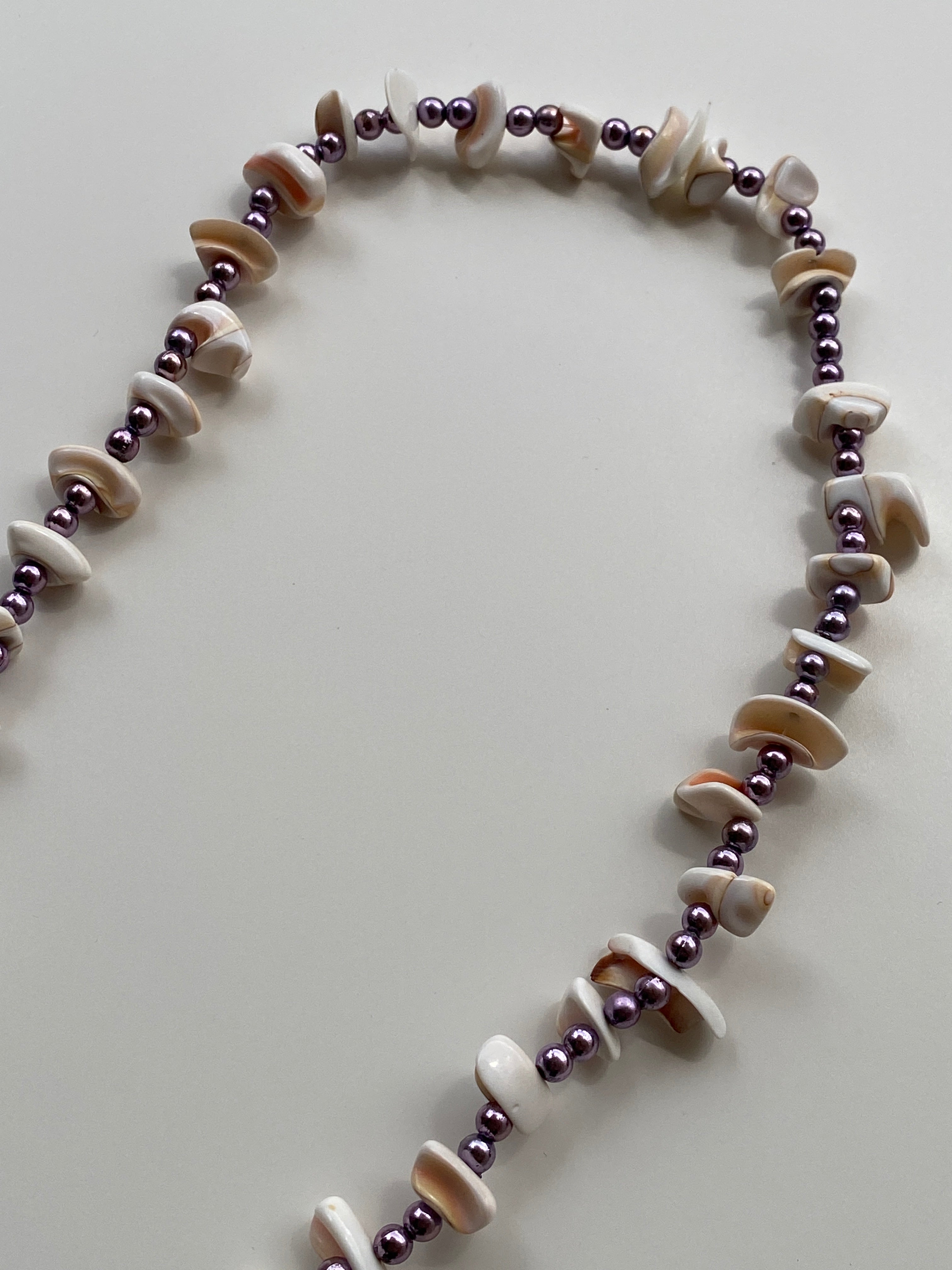 Vintage Natural Shell Chip & Lilac Pearl Bead Necklace with Spiral Shell Pendant