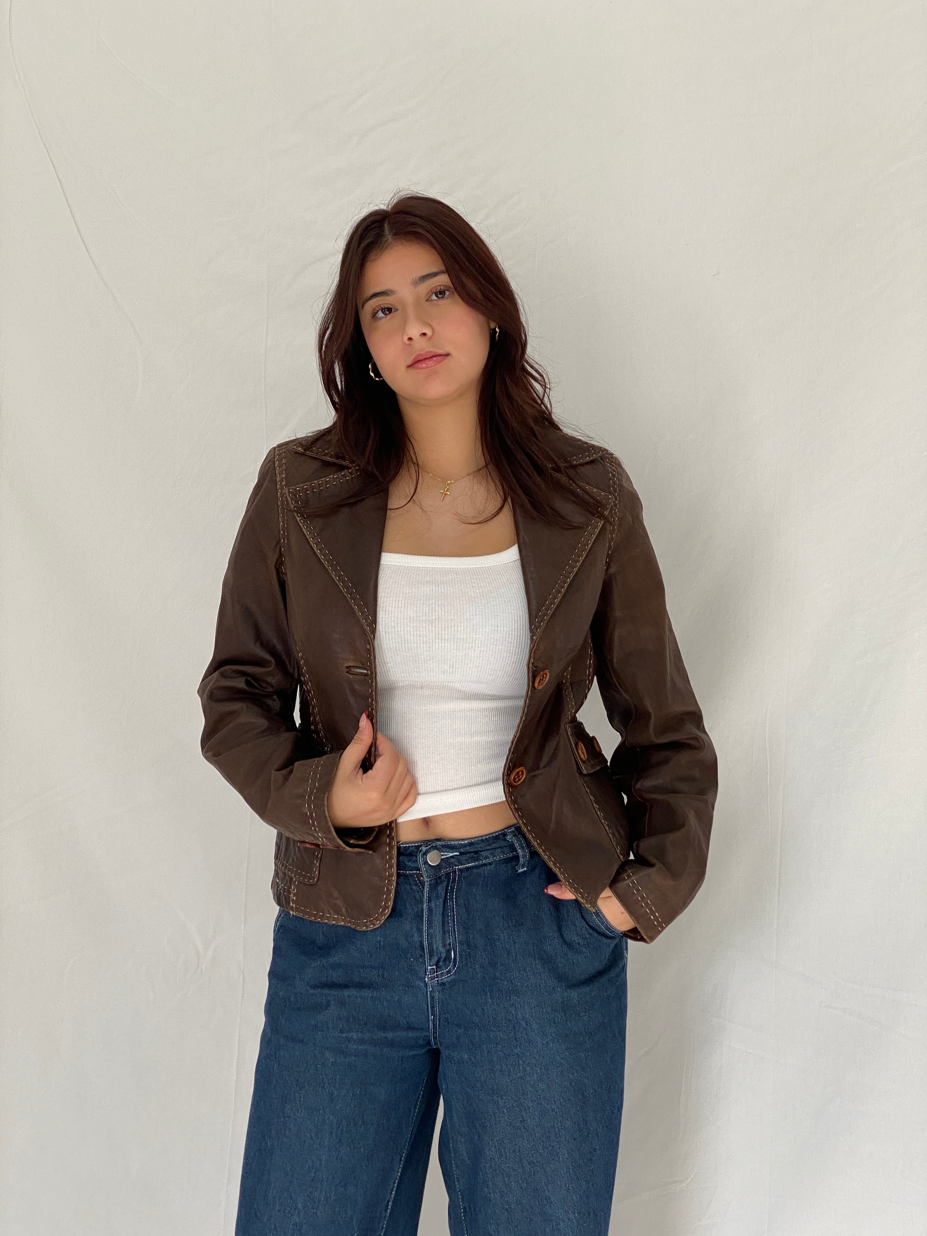 Vintage Brown Genuine Leather Tailored Blazer Jacket with Contrast Stitching – M