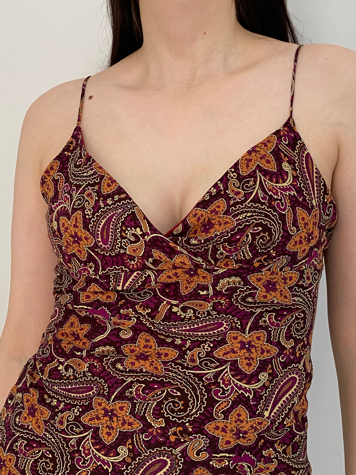 Vintage 90s Janette USA Burgundy Floral Paisley Slip Mini Dress – S