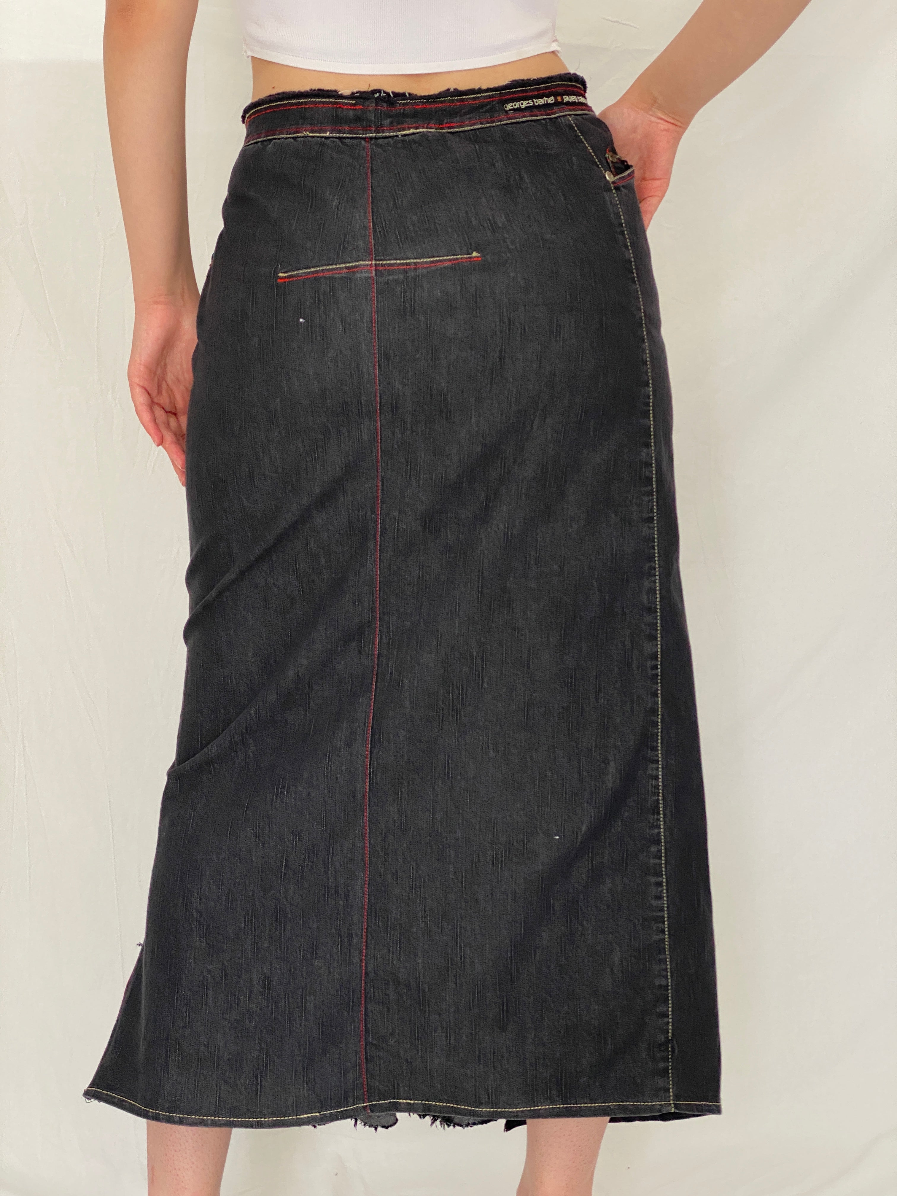 Vintage Y2K Georges Barhel Black Denim Patchwork Maxi Skirt - L