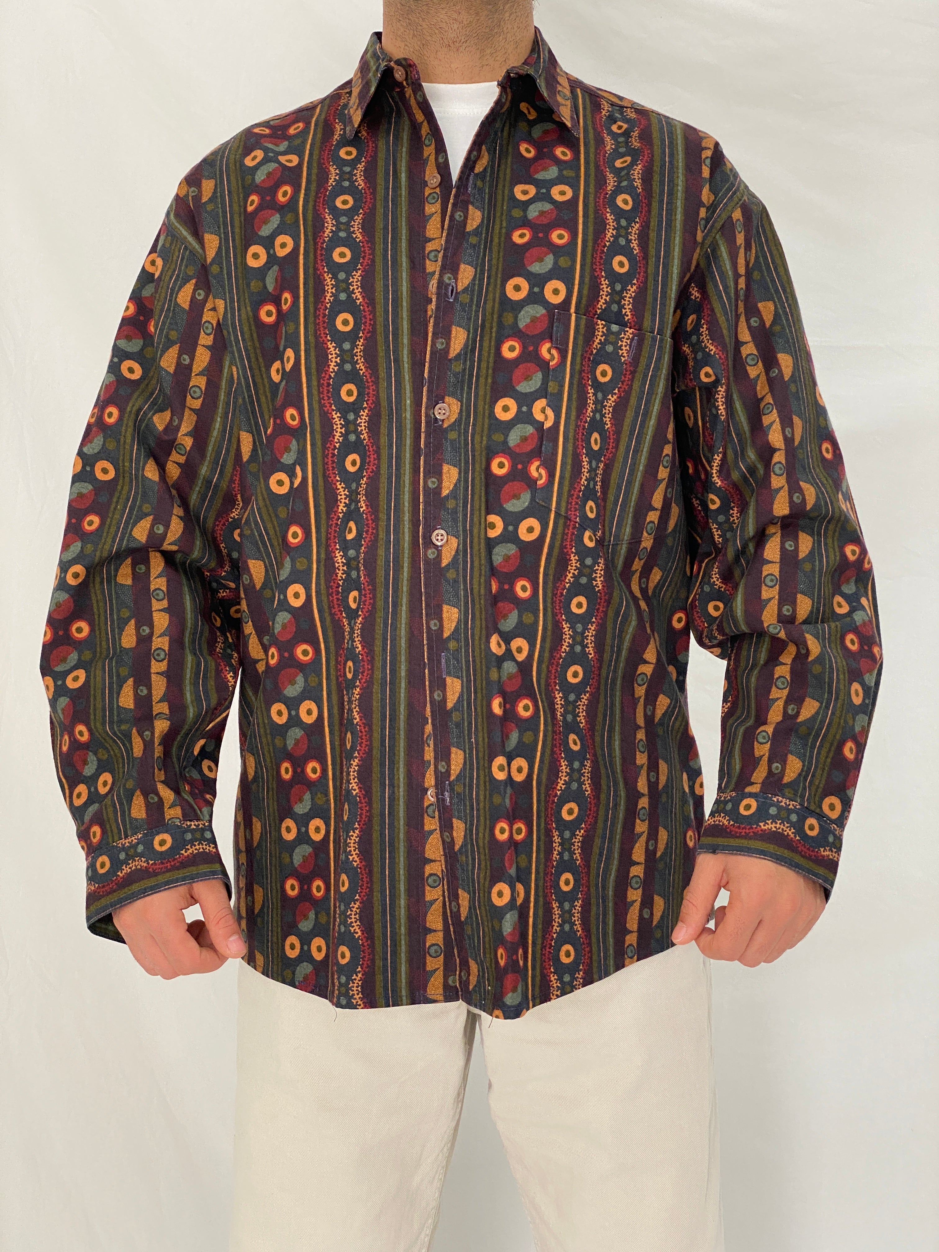 Vintage 90s Mekay Geometric Tribal Stripe Button Up Shirt Abstract Long Sleeve Oversized Fit - L