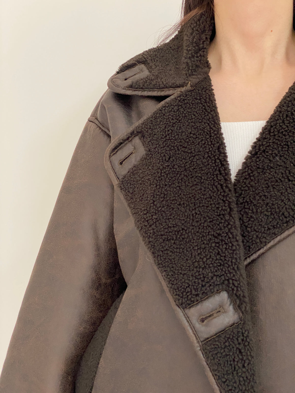 Chocolate Brown Faux Leather Shearling Aviator Jacket - L