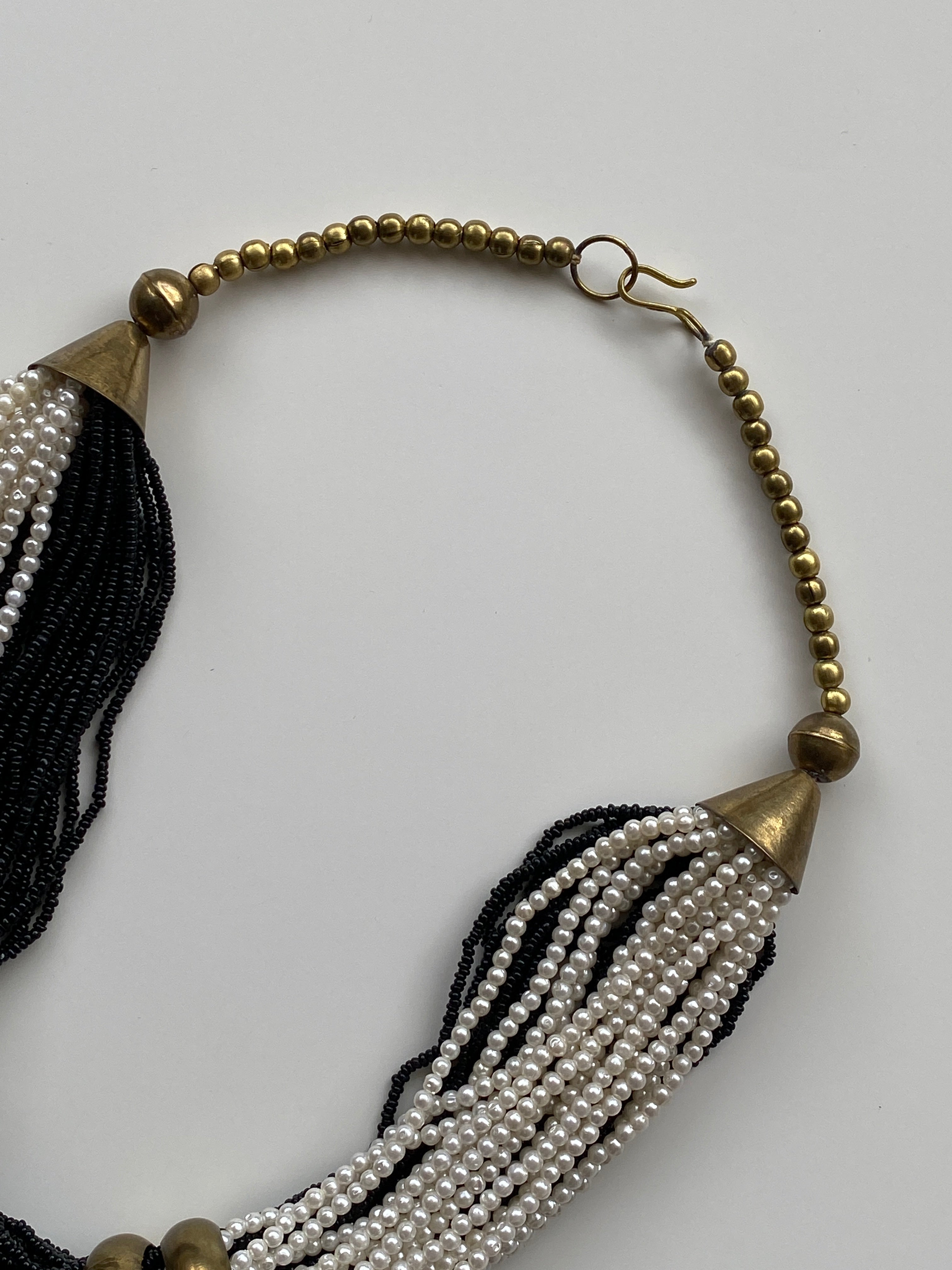 Vintage 90s Black & White Multi-Strand Faux Pearl Torsade Necklace with Brass Hardware