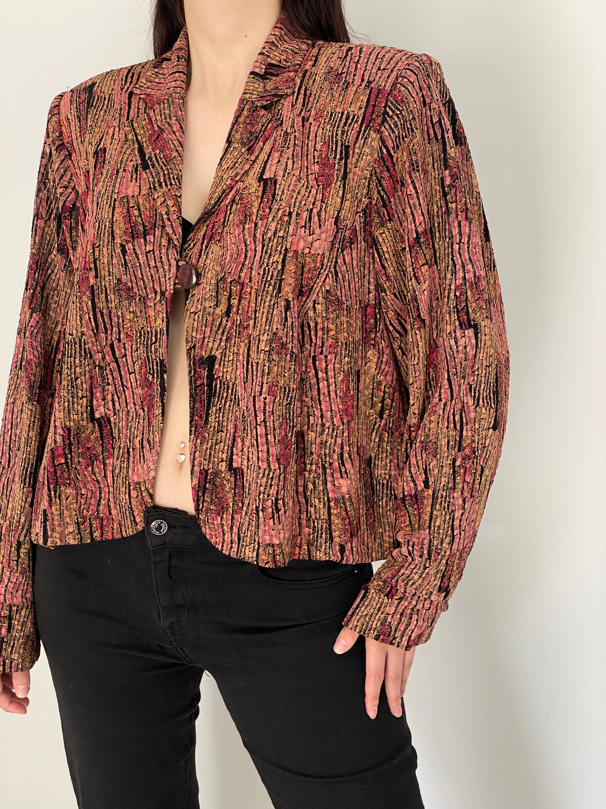 Vintage Pink & Brown Textured Abstract Print Cropped Blazer - L