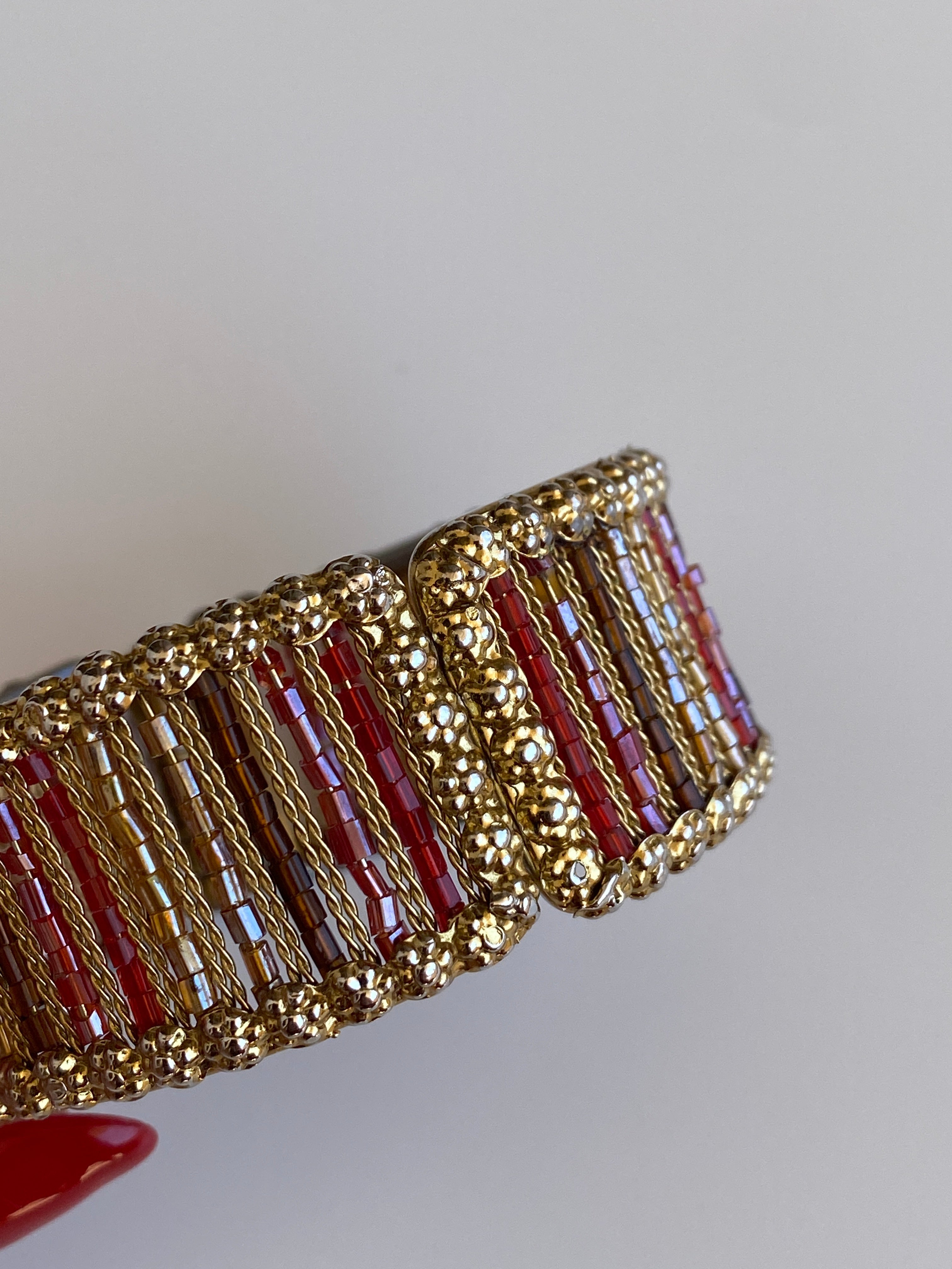 Vintage Gold-Tone Red & Amber Beaded Hinged Cuff Bracelet