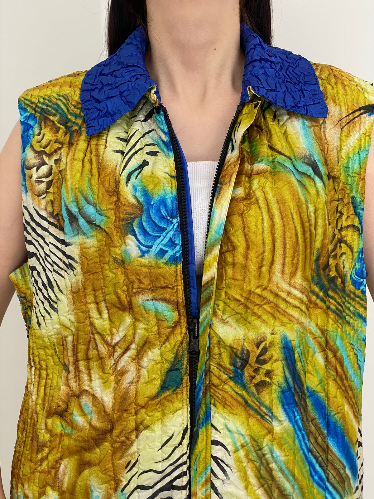 Vintage 90s Reversible Blue Yellow Abstract Crinkle Quilted Zip-Up Vest – L
