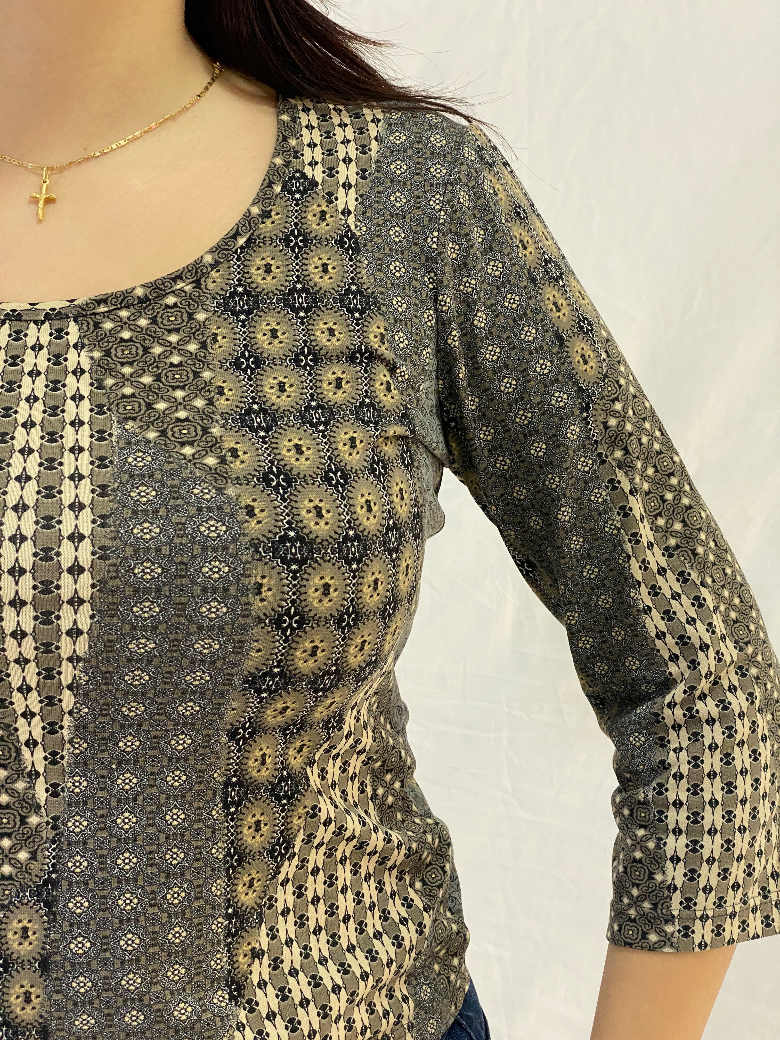 Vintage Aquarelle Patchwork Print 3/4 Sleeve Stretch Top - Neutral Brown & Olive - M