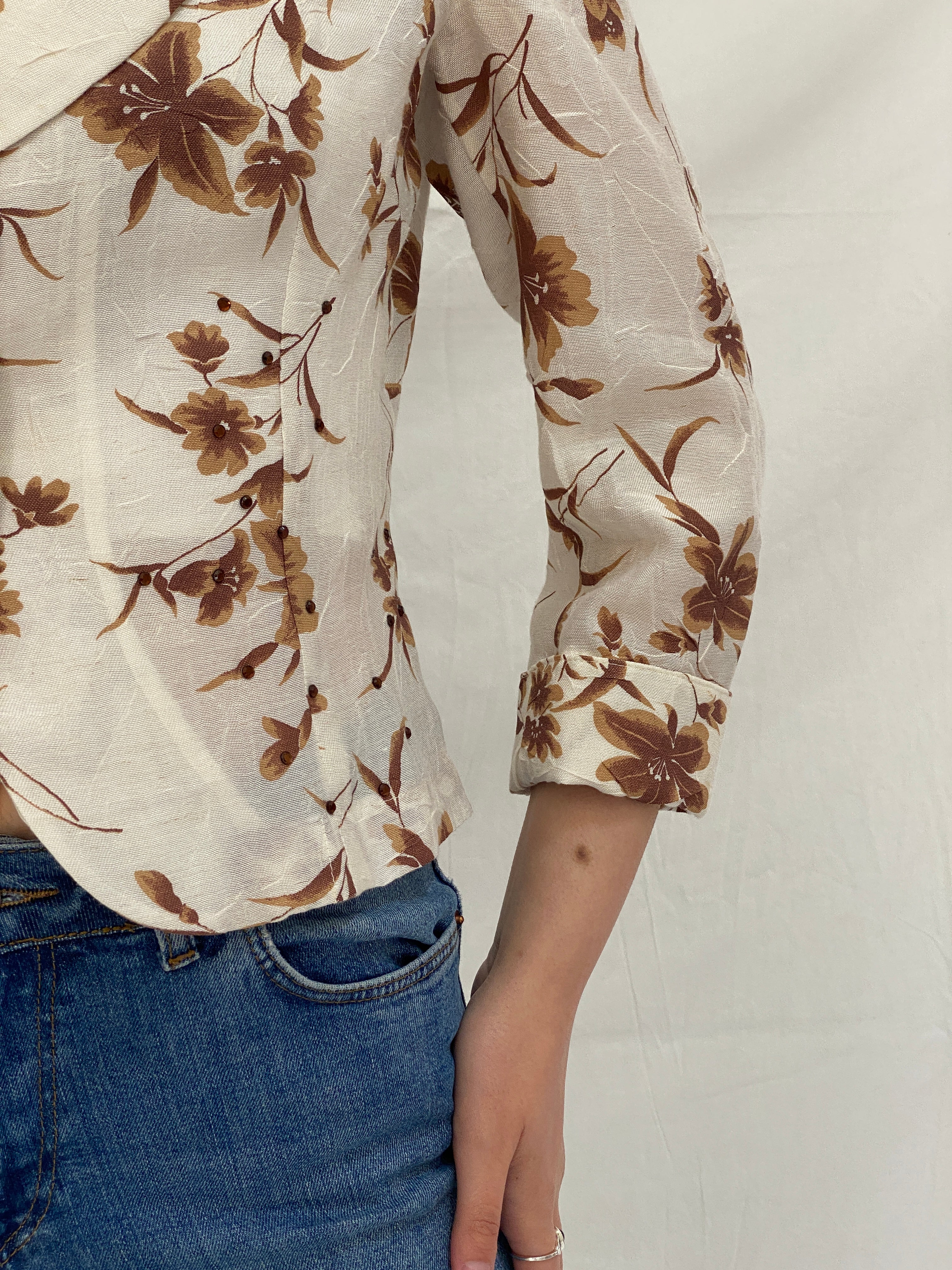 Vintage 90s Sinyor Cream Brown Floral Cropped Blazer - M