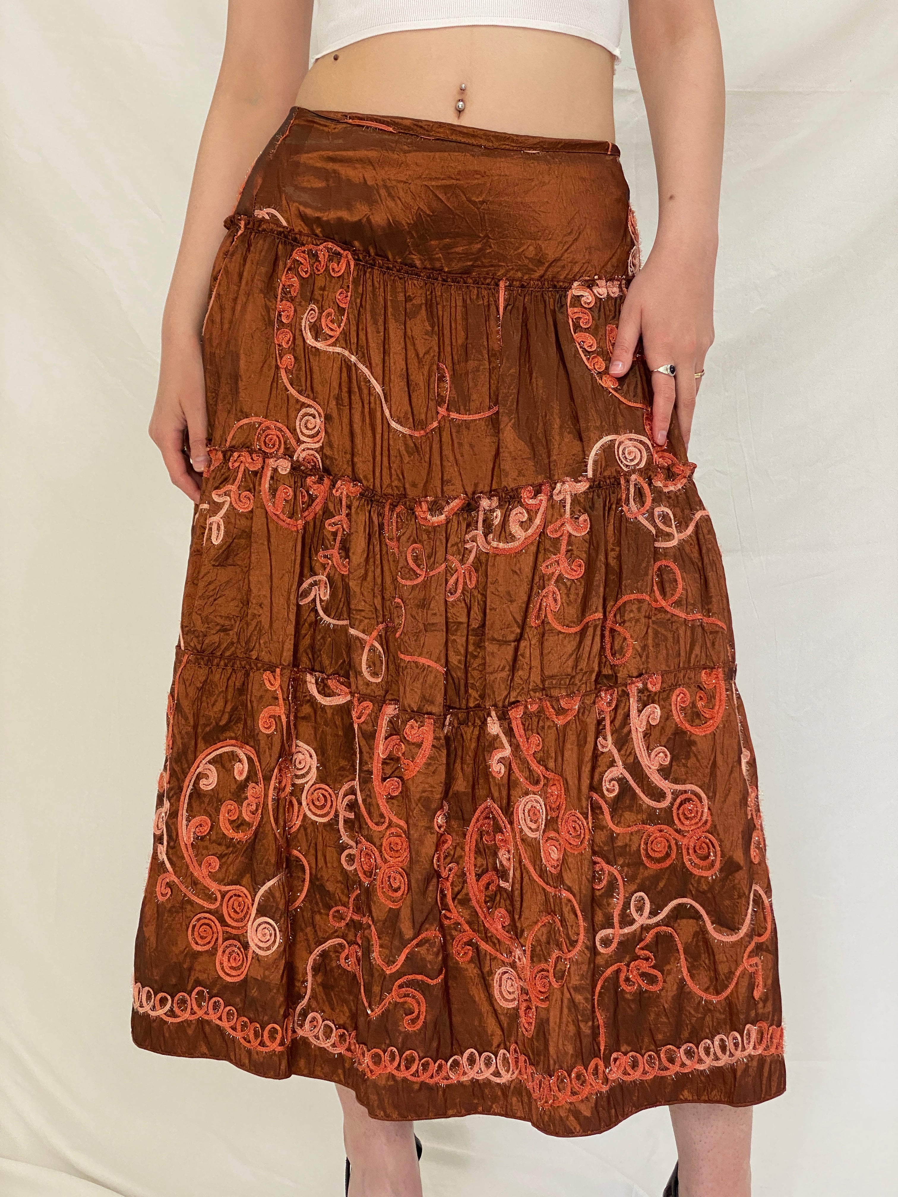 Vintage Over 16 Embroidered Metallic Brown Wrap Halter Top & Tiered Midi Skirt Co-ord Set - M