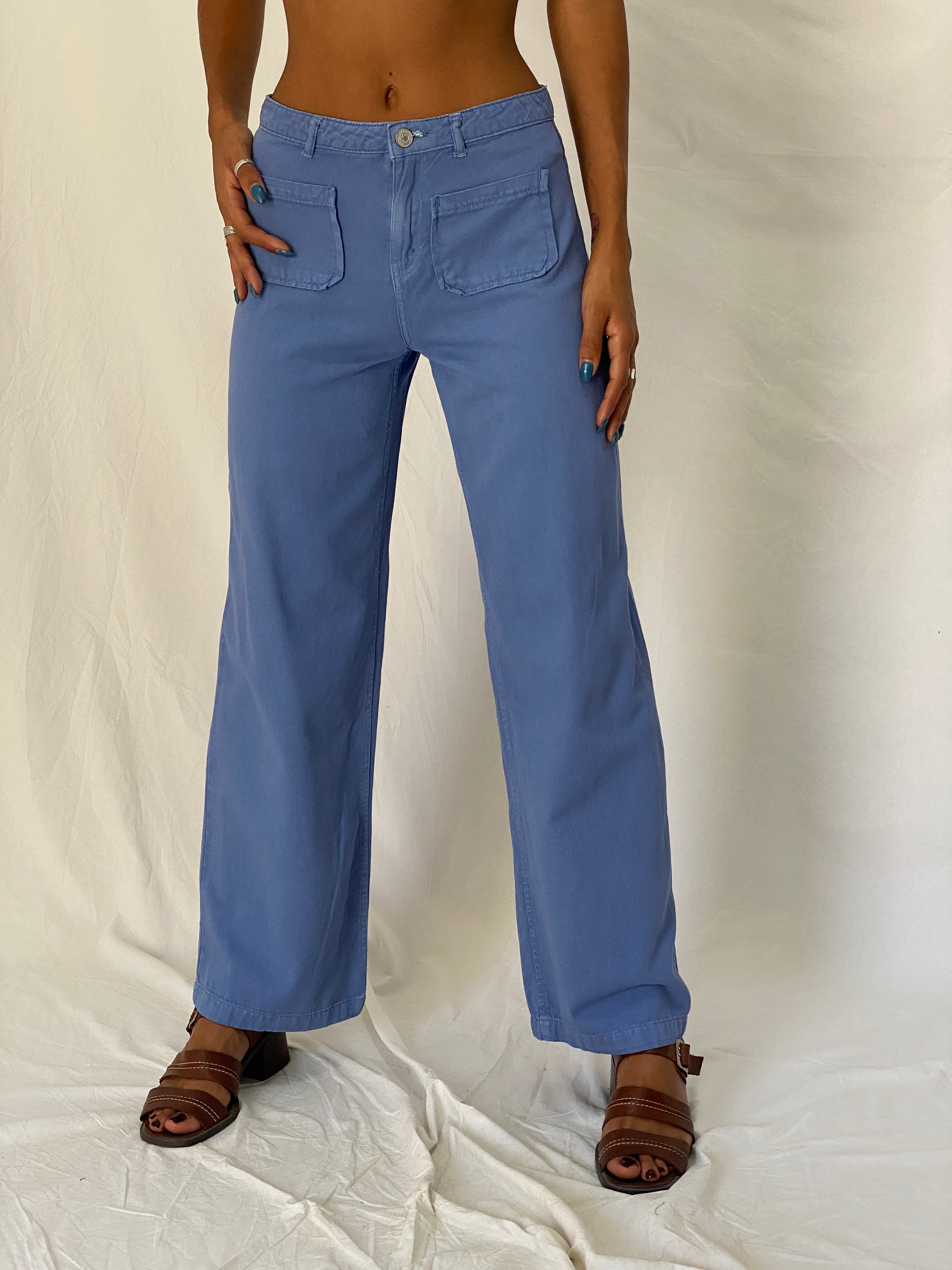 Vintage 90s Green Coast Blue Cotton Utility Wide Leg Pants - S
