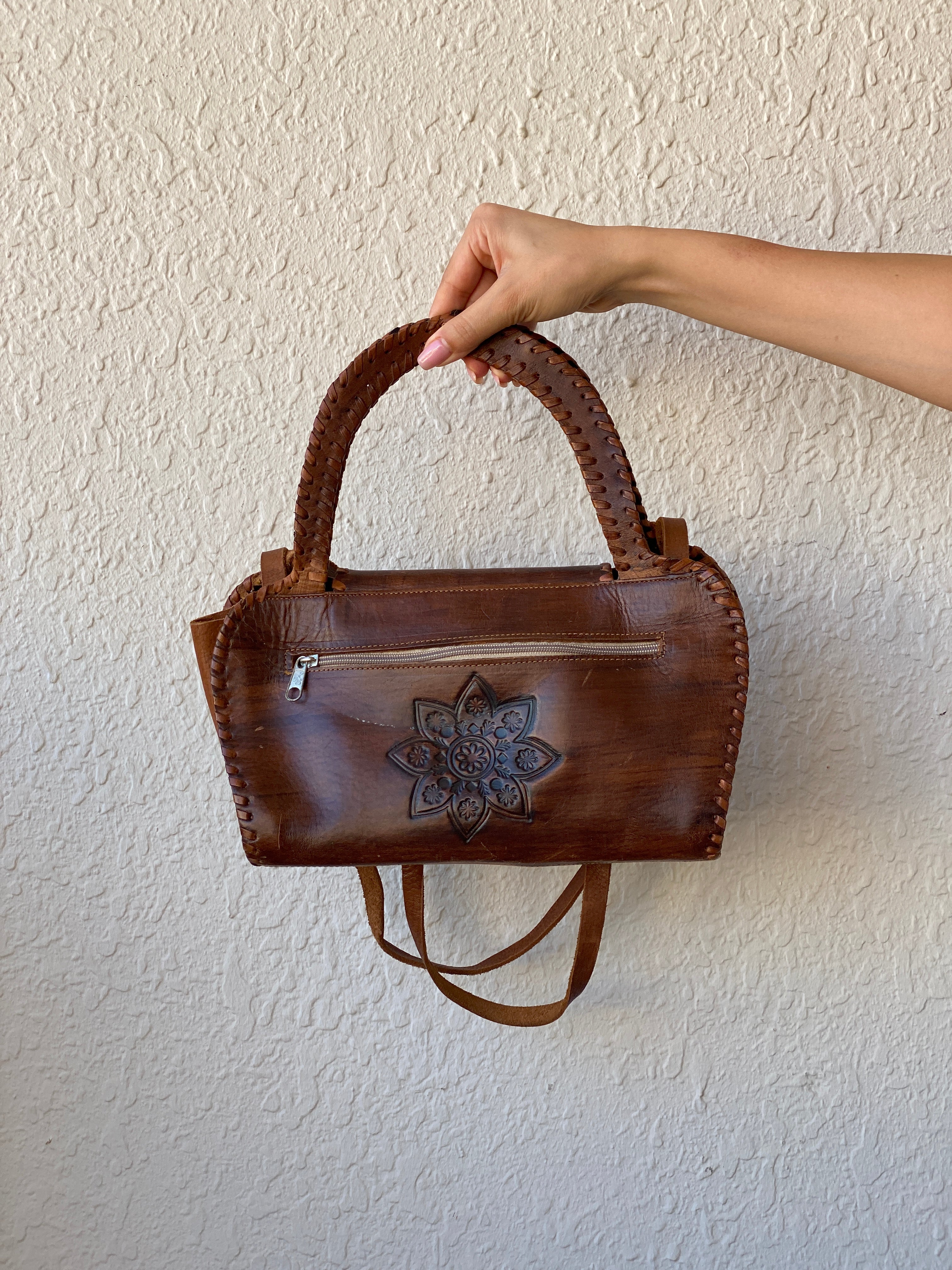Vintage Handmade African Leather Purse Brown Floral Embossed Shoulder Bag