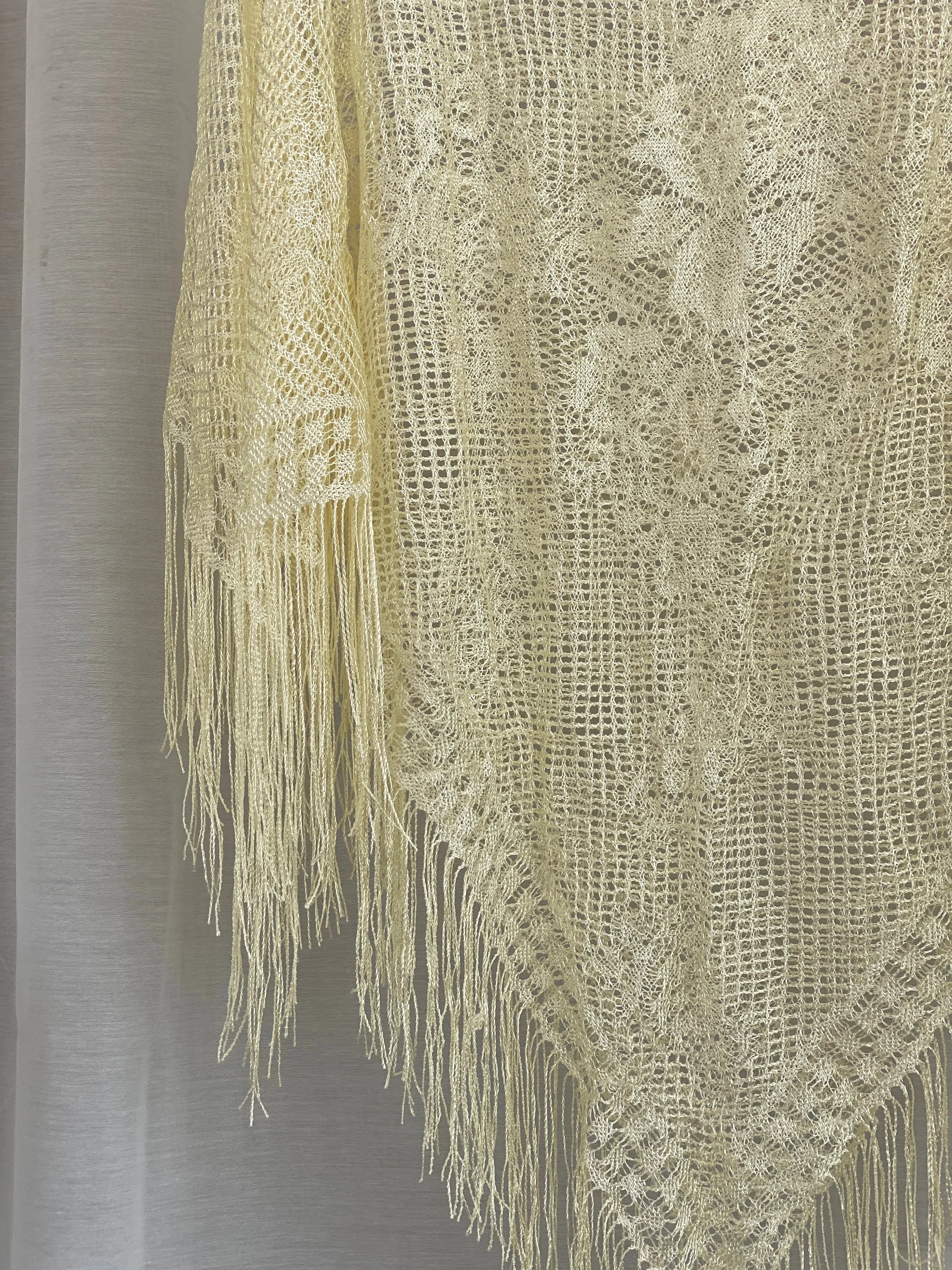 Cream Crochet Fringe Shawl – Boho Poncho Style Open Knit Wrap