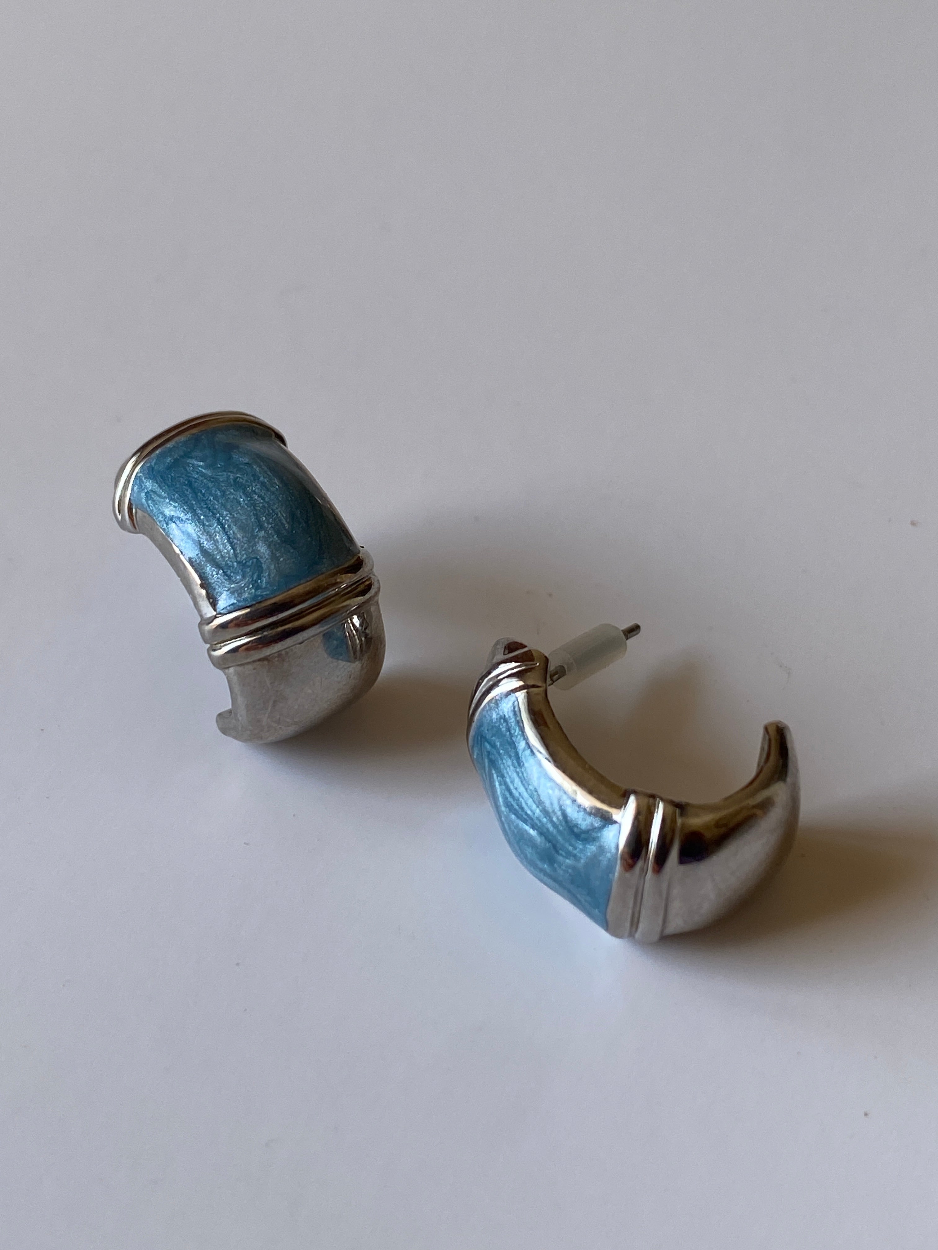 Vintage 1990s Blue Enamel Silver Tone Mini Stud Earrings