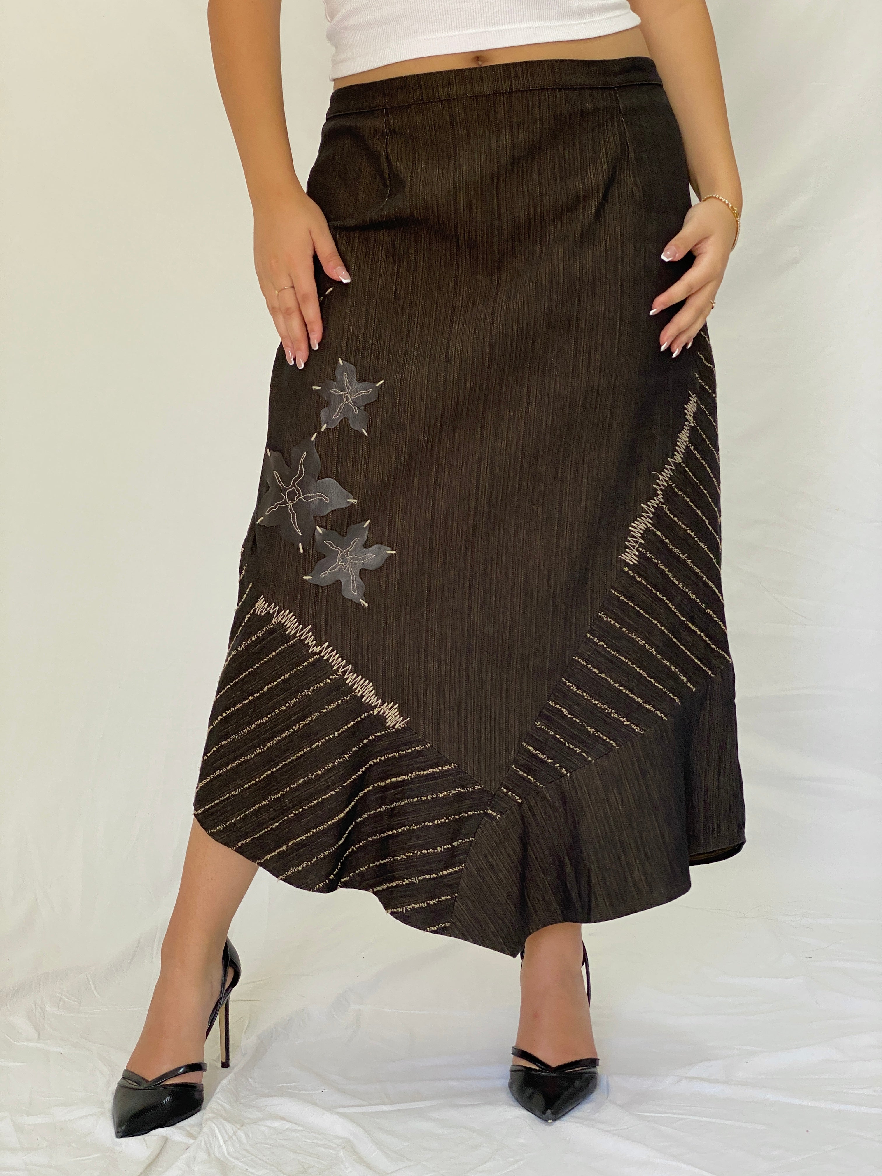 Vintage ISHWAR Brown Patchwork Midi Floral Embroidered Boho Skirt - XL