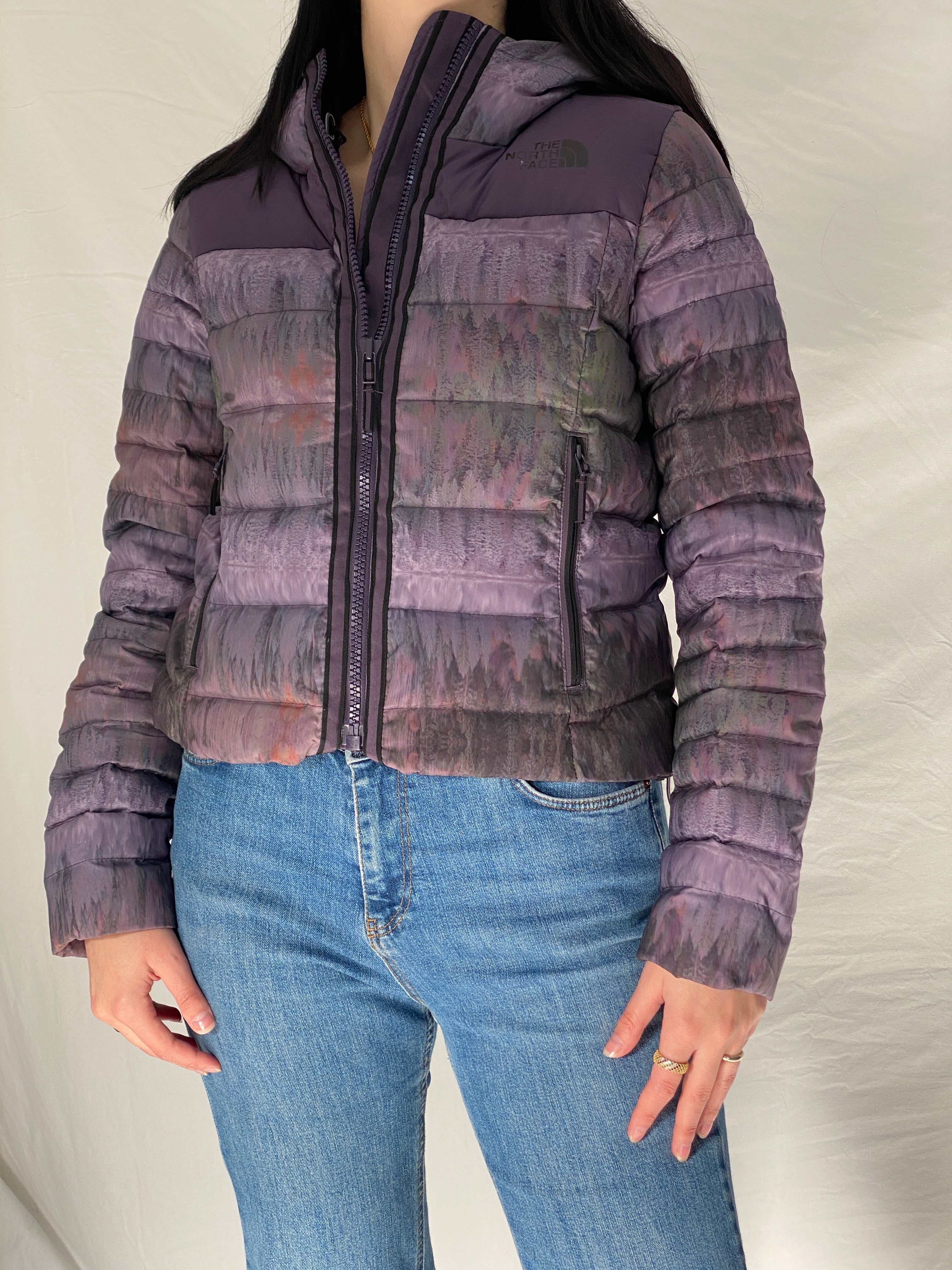 The North Face Purple Forest Print TNF Packable Fitted Puffer Jacket with Hood - M